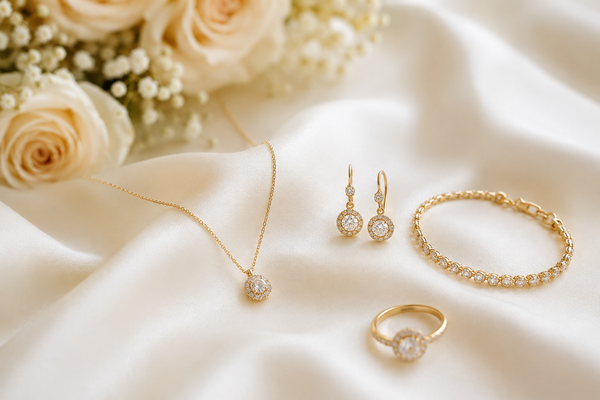 Braut mit Perlenkette und Perlohrsteckern in Weißgold zum weißen Brautkleid — Brautschmuck von Splendido Schmuck