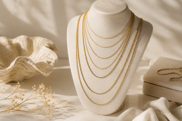 Frau trägt eine 585er Goldkette am Schlüsselbein — Längenberatung von Splendido Schmuck