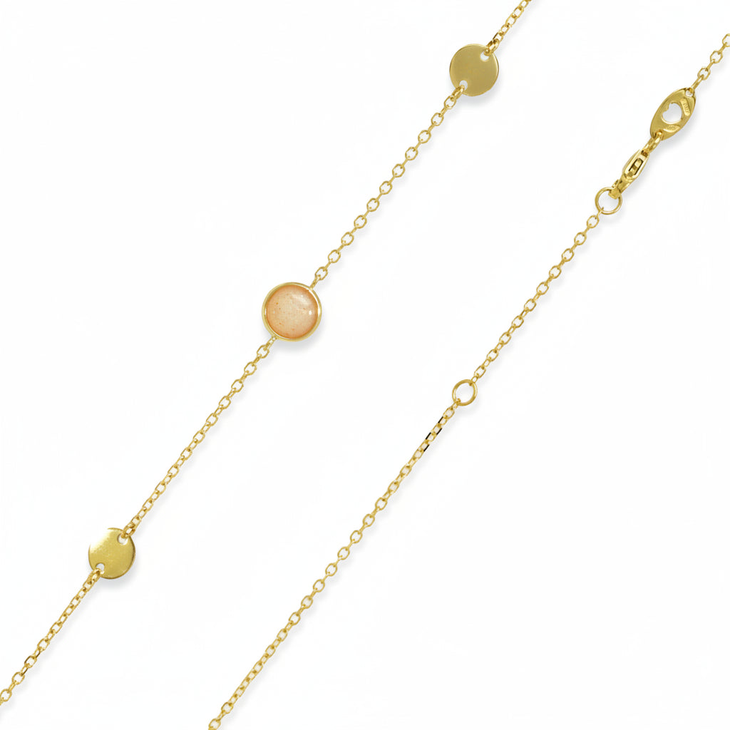 Collier 585 Gelbgold Pfirsich-Mondstein Cabochon – Splendido – porté au cou