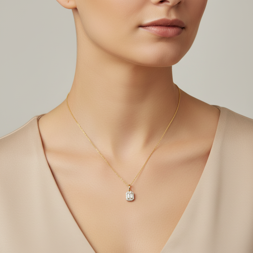 Collier 585 Gelbgold Brillant Emerald-Cut Pavé – Splendido – szczegół makro