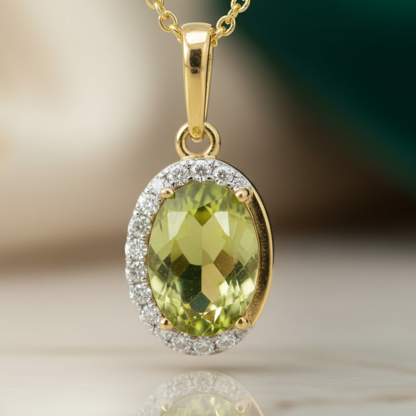 Halskette 585 Gelbgold Peridot Brillant-Halo – Splendido – detalle macro