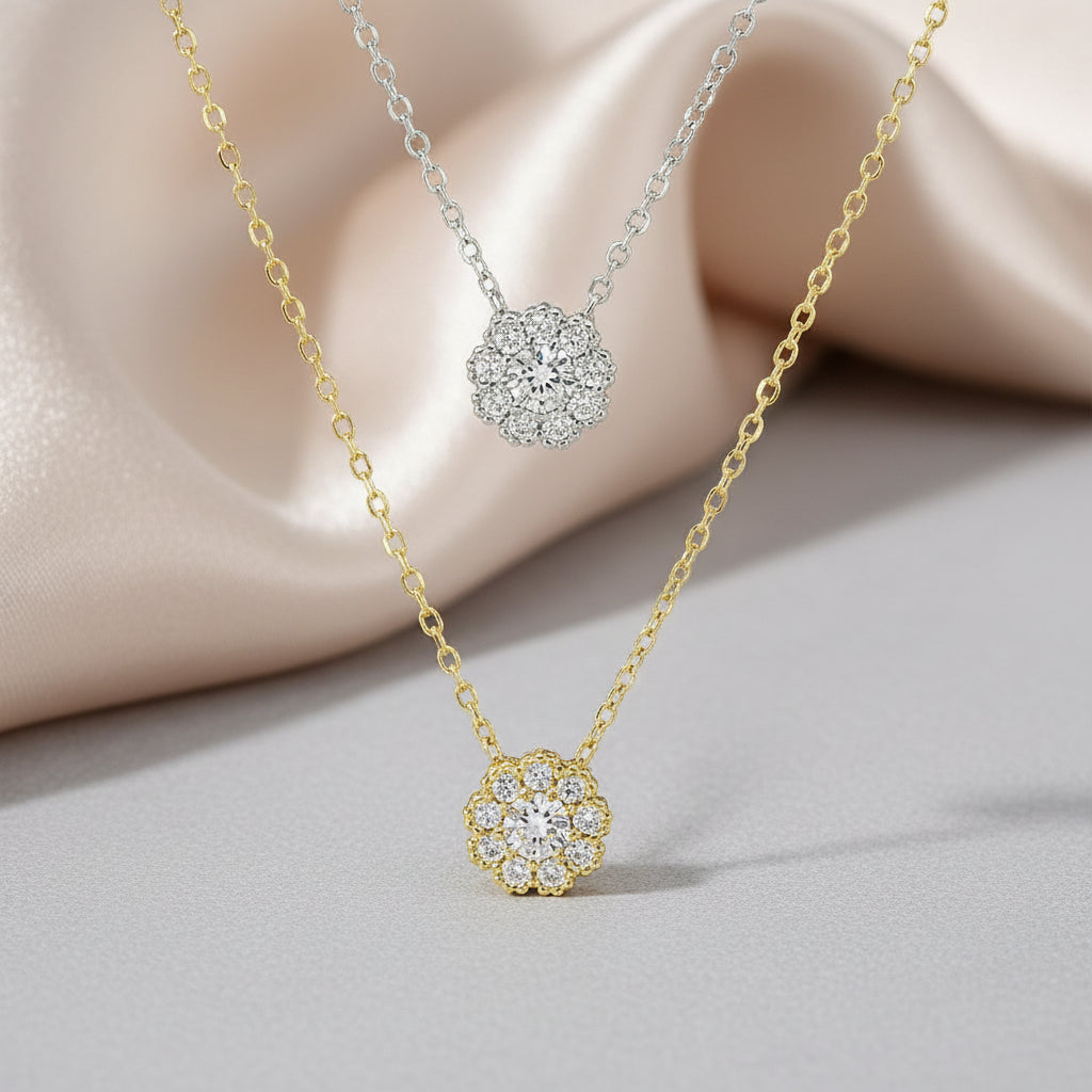 Halskette 585 Gold Zirkonia Bluetenhaenger Zentralstein – Splendido – worn at the neck