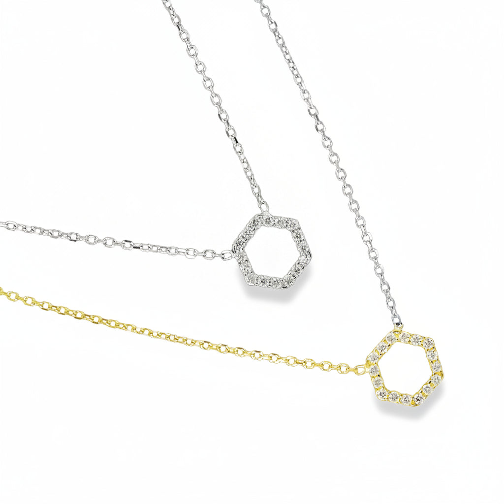 Halskette 585 Gold Zirkonia Sechseck-Anhänger – Splendido – worn at the neck