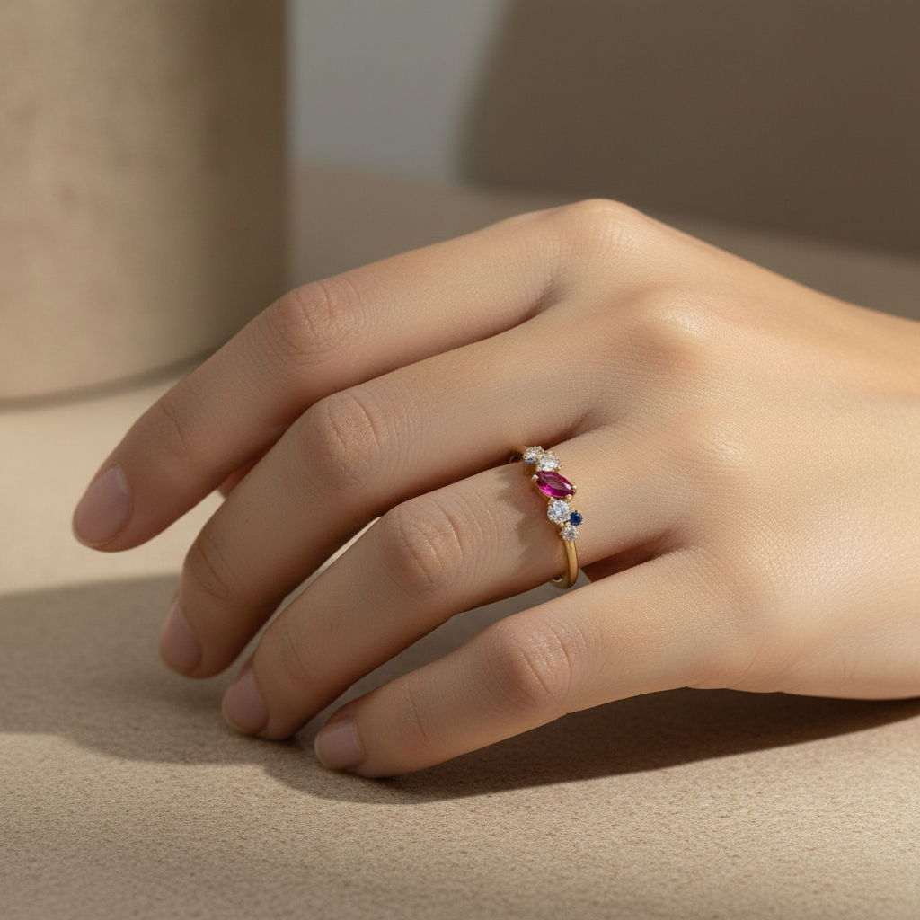 Gros plan – Bague 585 or jaune zirconium tricolore