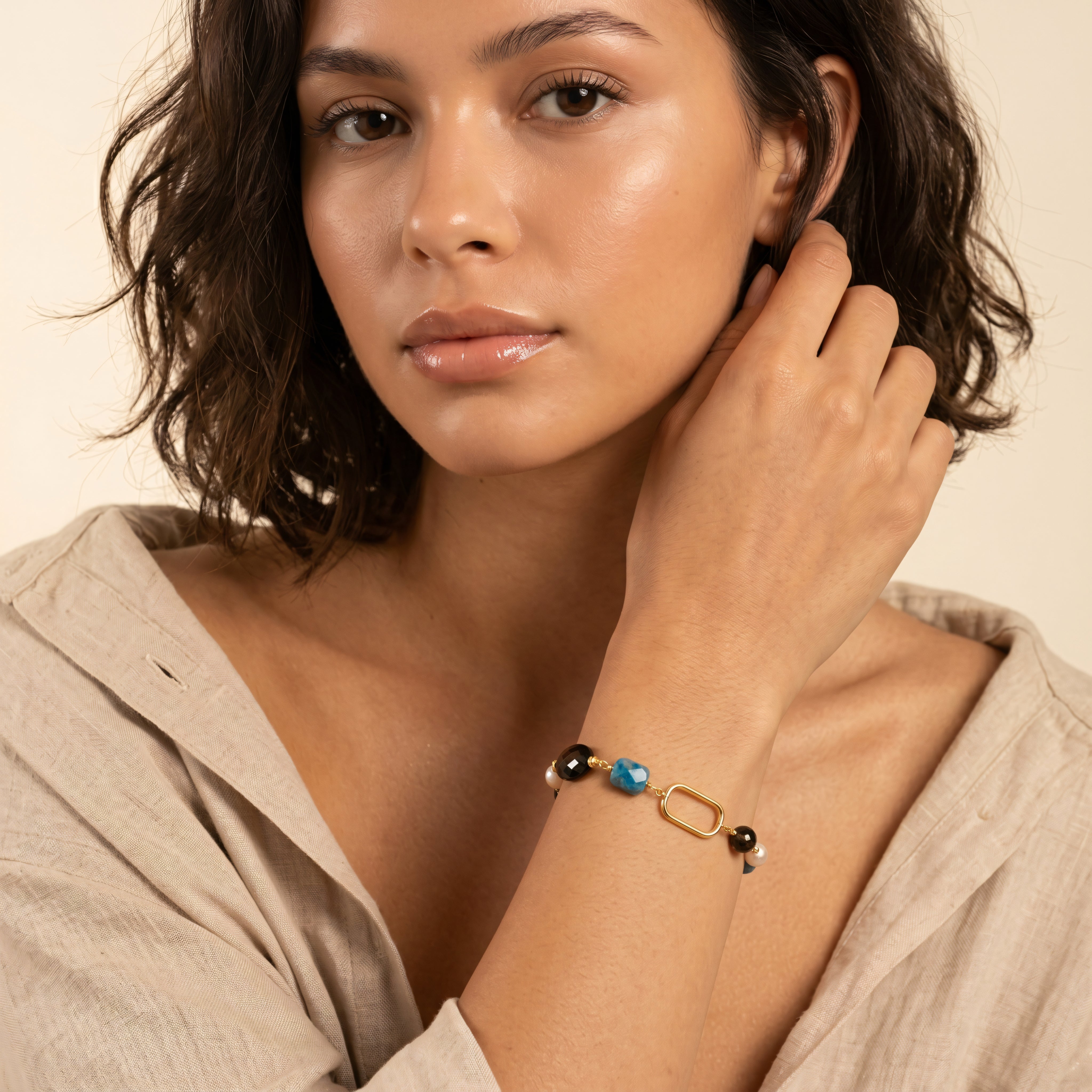 Armband 925 Silber vergoldet Apatit Rauchquarz Perle | Splendido Schmuck