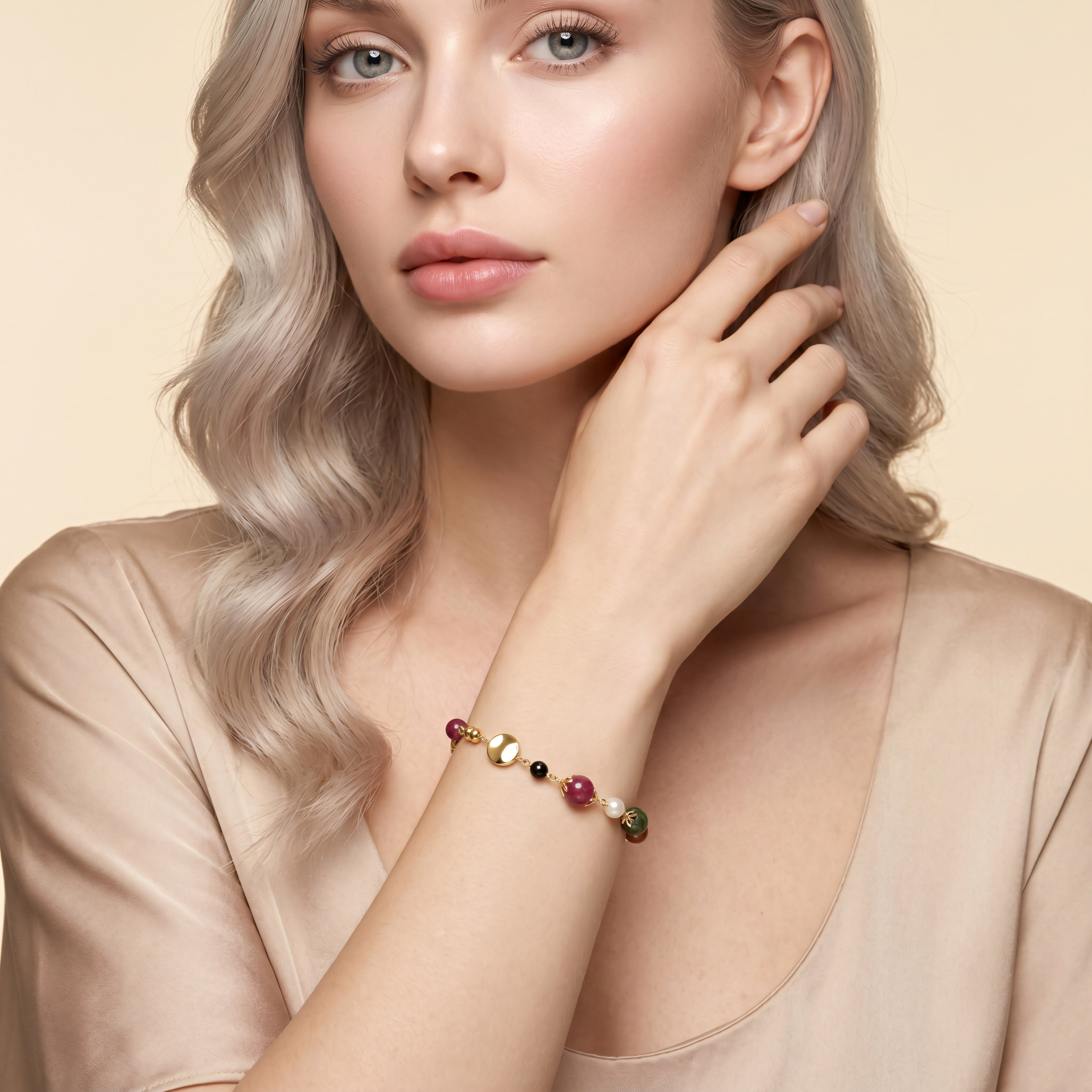 Armband 925 Silber vergoldet Edelstein-Mix Jade Turmalin | Splendido Schmuck