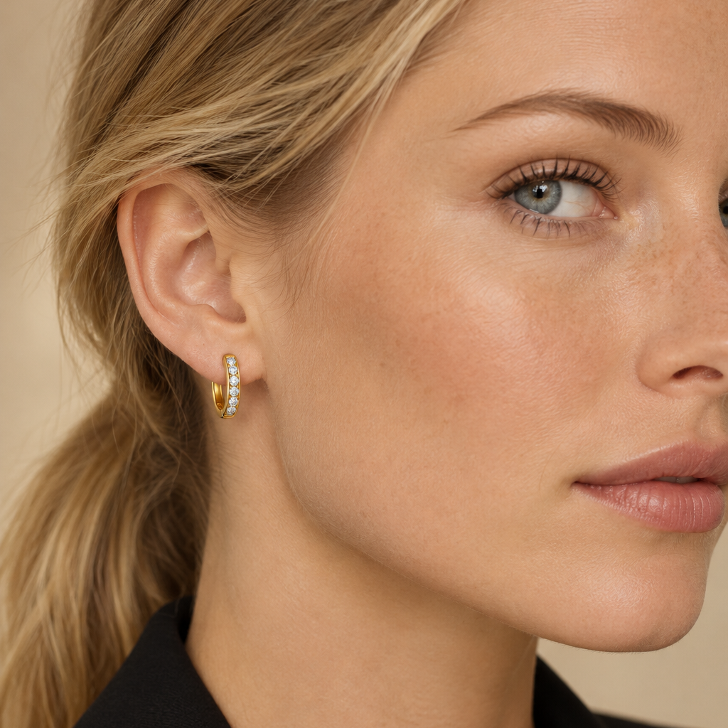 925 Silver Gold-Plated Cubic Zirconia Pavé Hoop Earrings, worn on the ear
