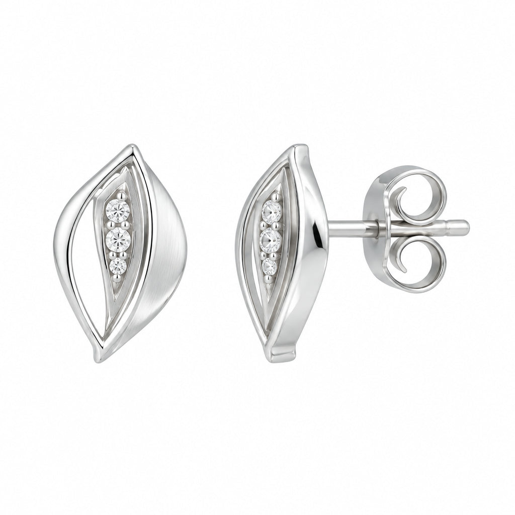 Pendientes de botón de plata 925 con circonita y hoja | Splendido Jewelry