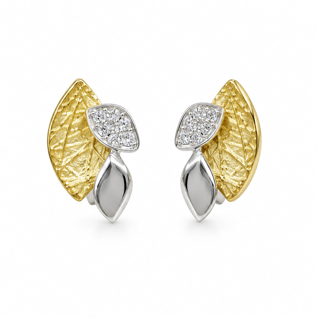 925 Silver stud earrings two-tone cubic zirconia leaves | Splendido Jewelry
