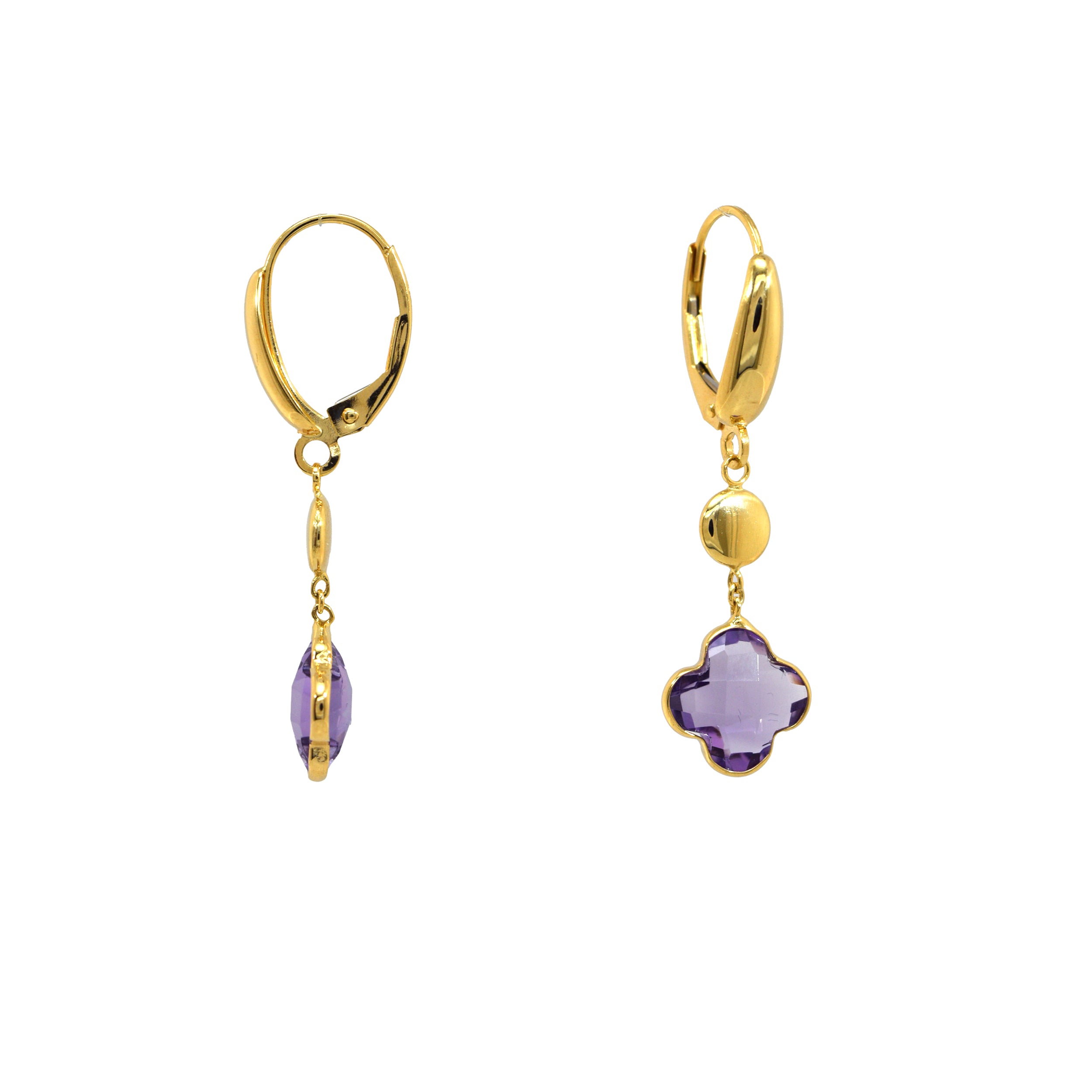 Goldohrringe mit Amethyst in Vierpassform und Brisurverschluss