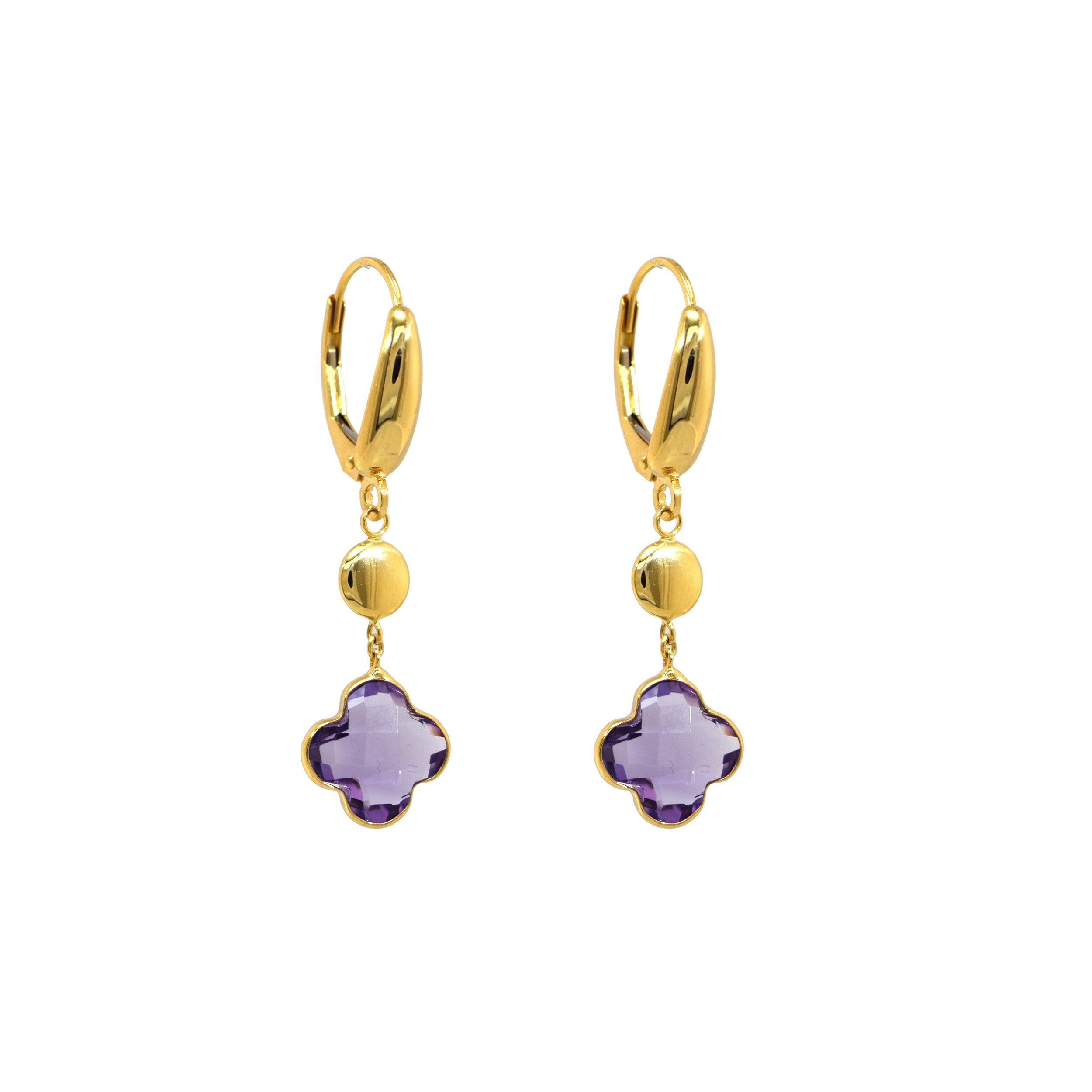 Goldohrringe mit Amethyst in Vierpassform und Brisurverschluss