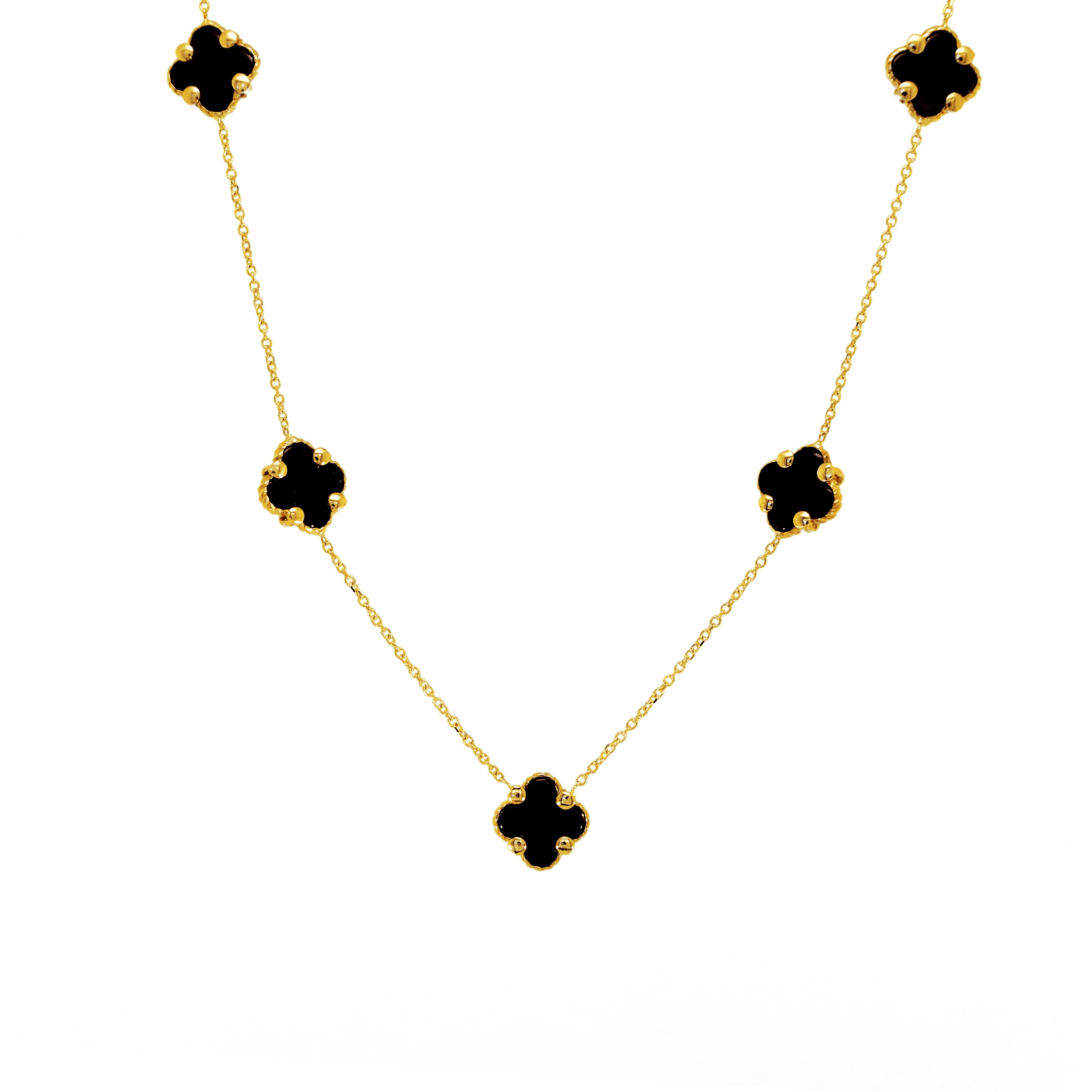 Goldkette mit fünf Onyx-Elementen in Vierpassform