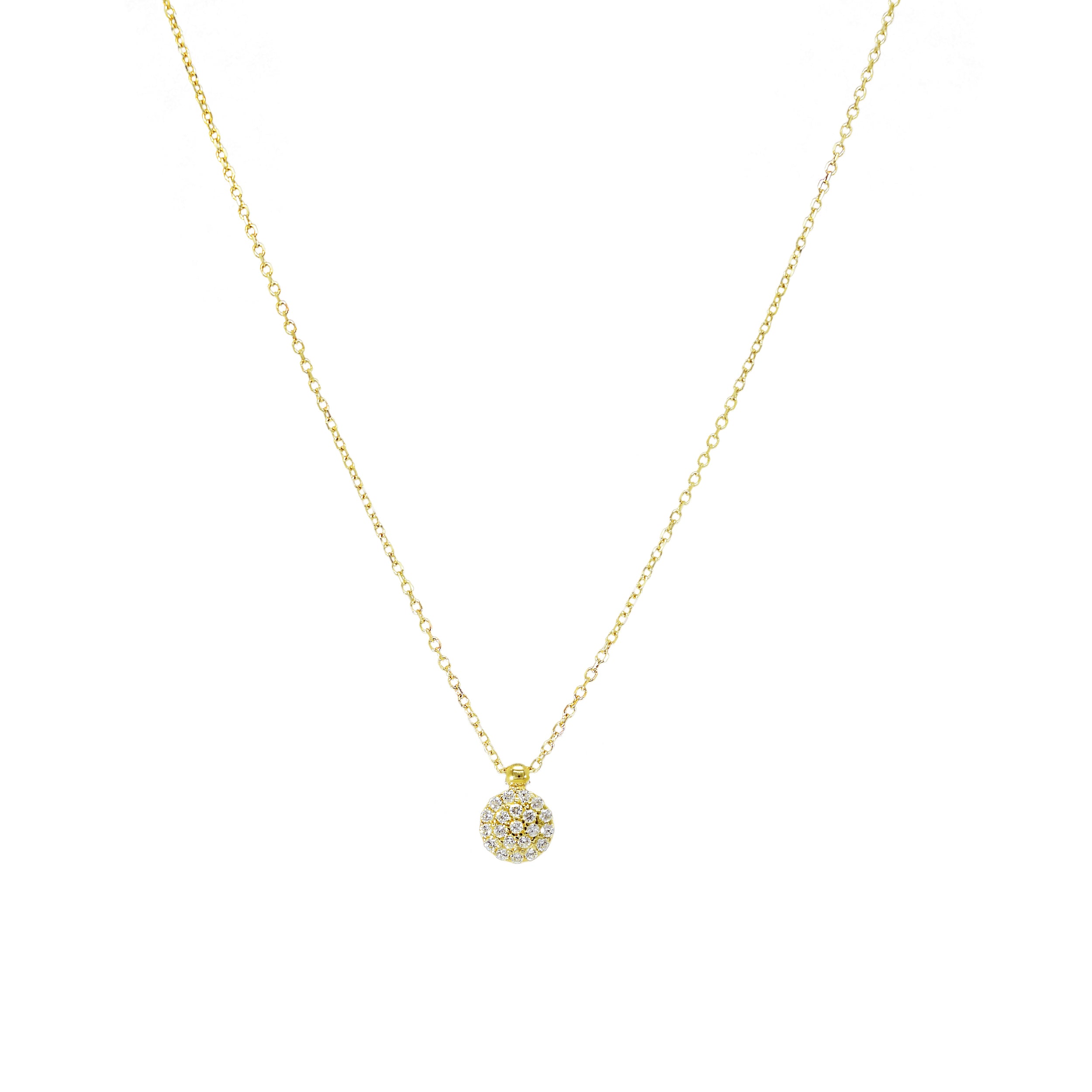 Feine Goldkette in Gelbgold mit einem kugelförmigen Anhänger, besetzt mit Zirkonia-Steinen.