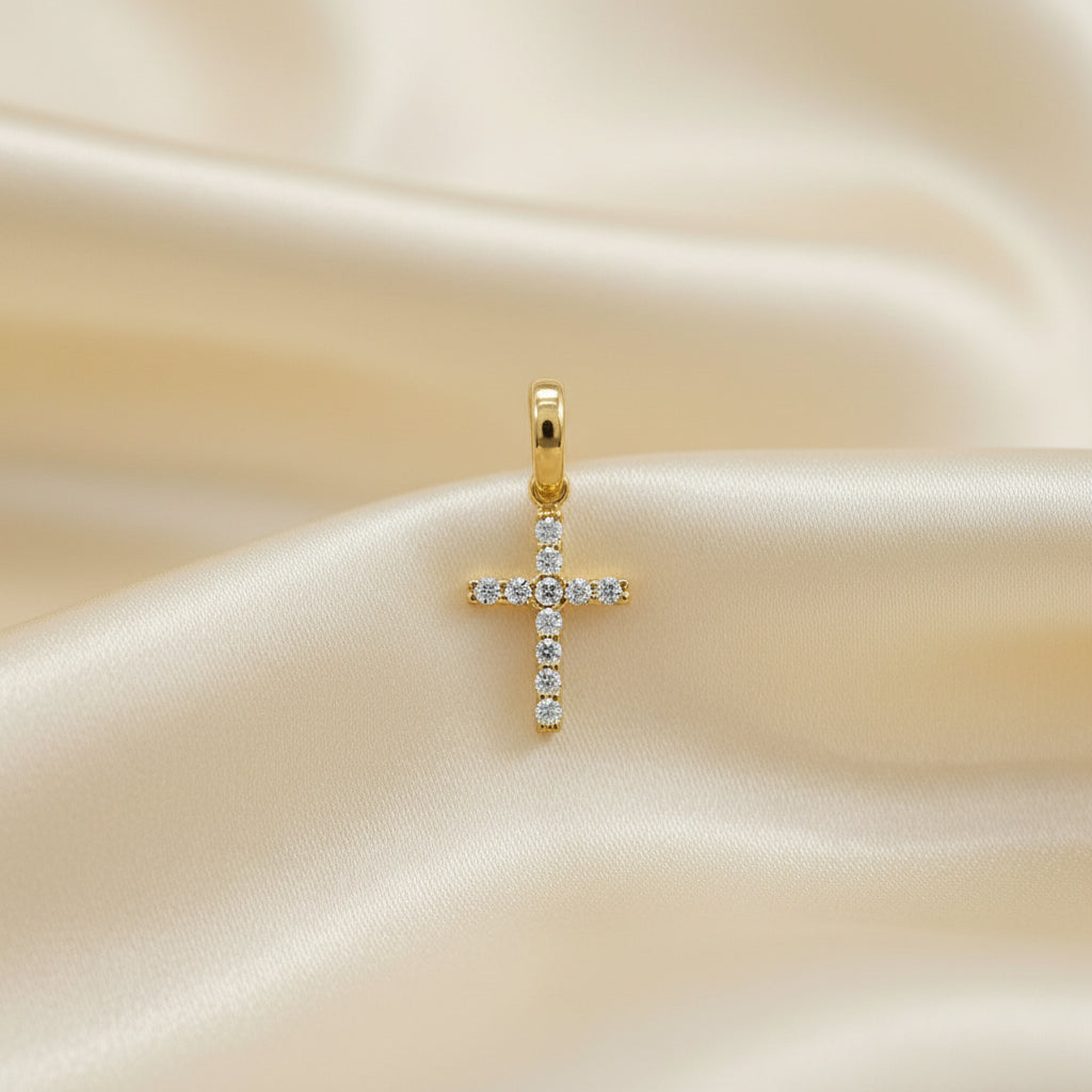 Kleiner Kreuzanhänger aus Gelbgold mit Zirkonia, klassische Form