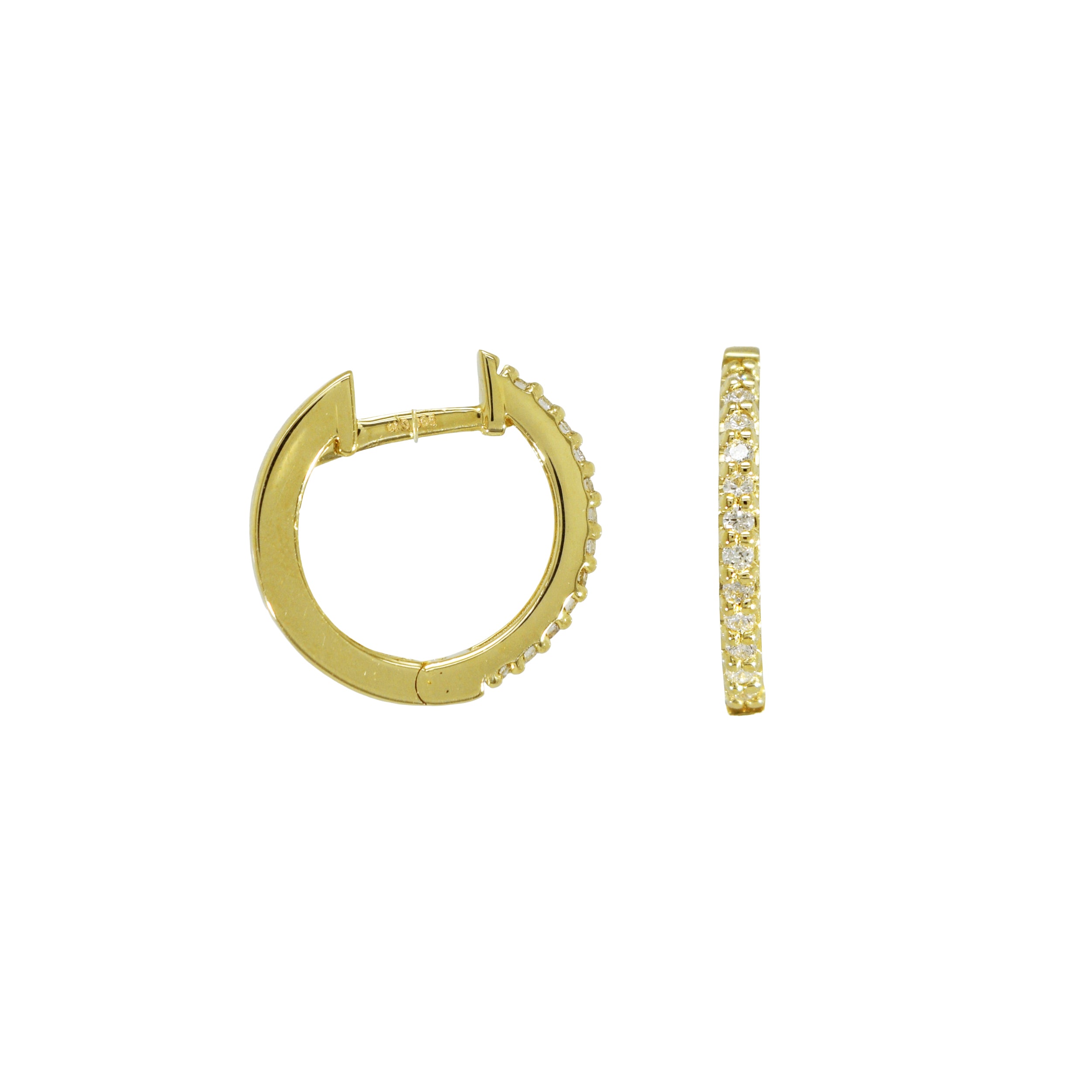 Creole aus Gelbgold mit sichtbarer Brillantreihe, einmal frontal und einmal seitlich dargestellt.