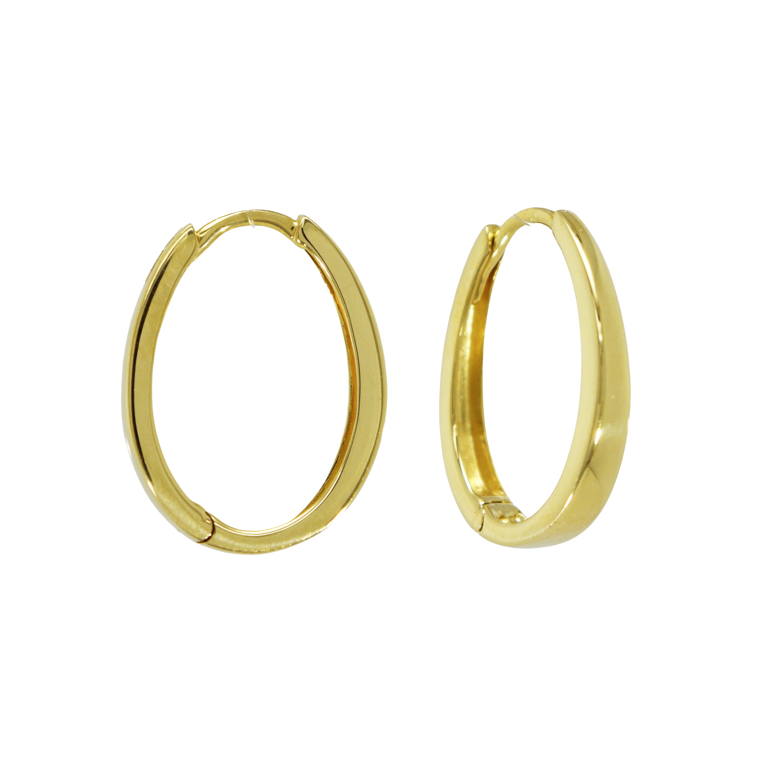 Ovale Creole aus Gelbgold, klassisch glänzend, jeweils eine Creole von vorne und eine seitlich gezeigt.