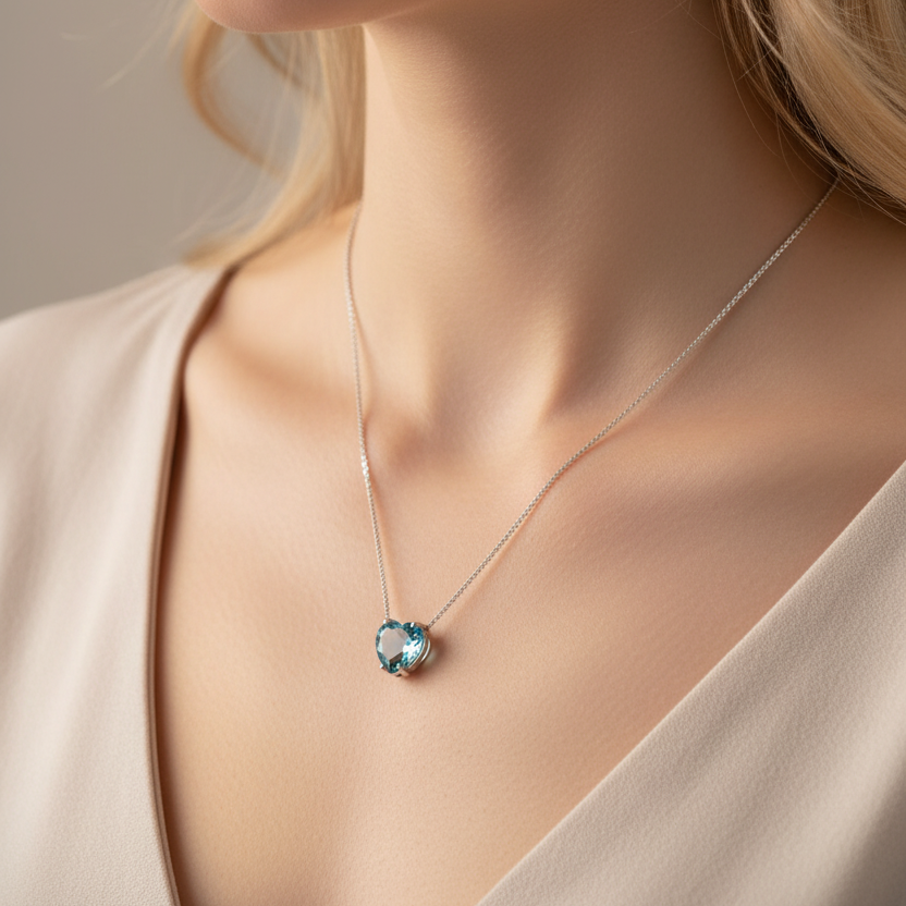 Gros plan – Collier en argent 925 avec topaze bleue en forme de cœur, serti griffes