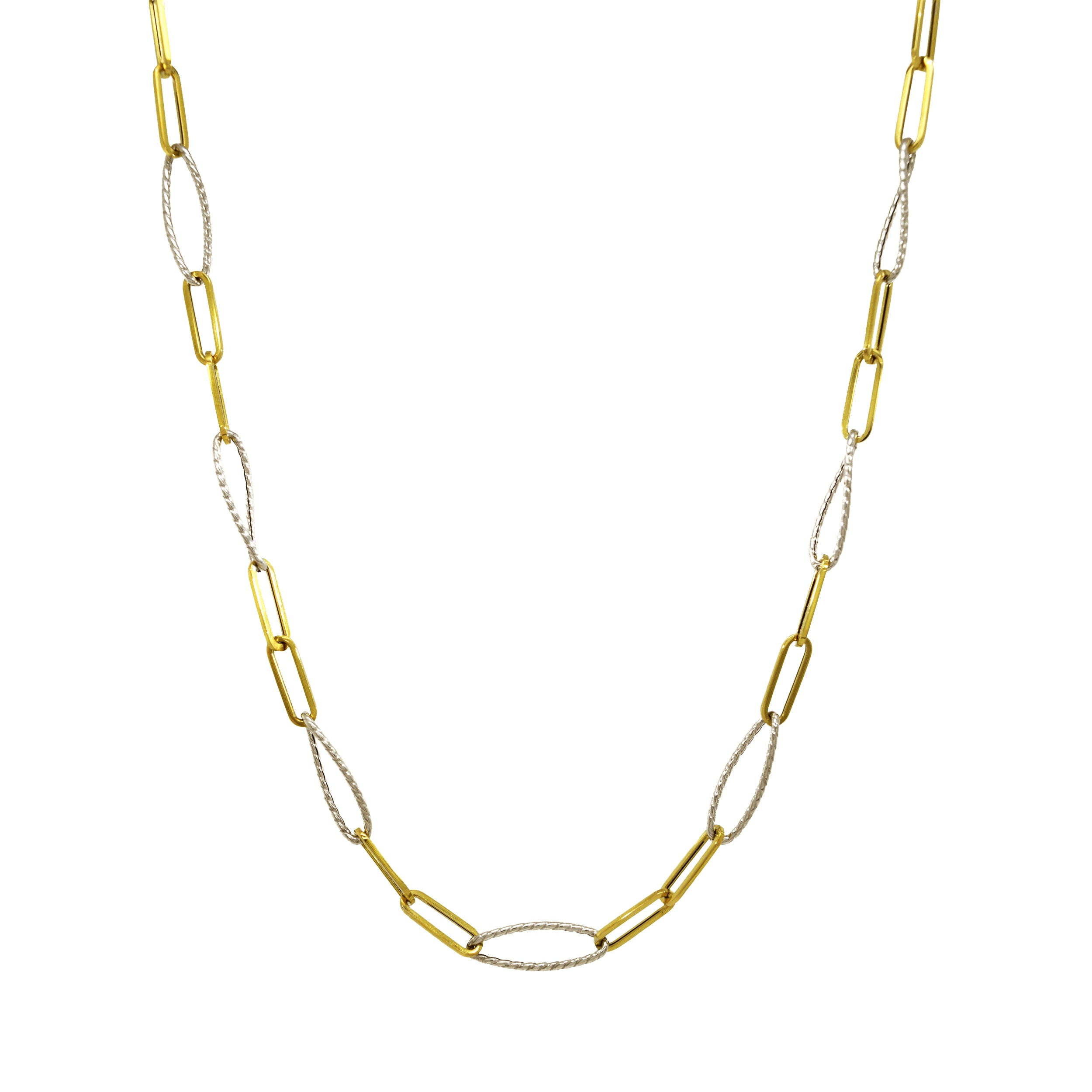 Bicolor-Kette mit abwechselnd großen, länglichen Gliedern in Gelbgold und gedrehten Weißgoldelementen, Gesamtansicht.