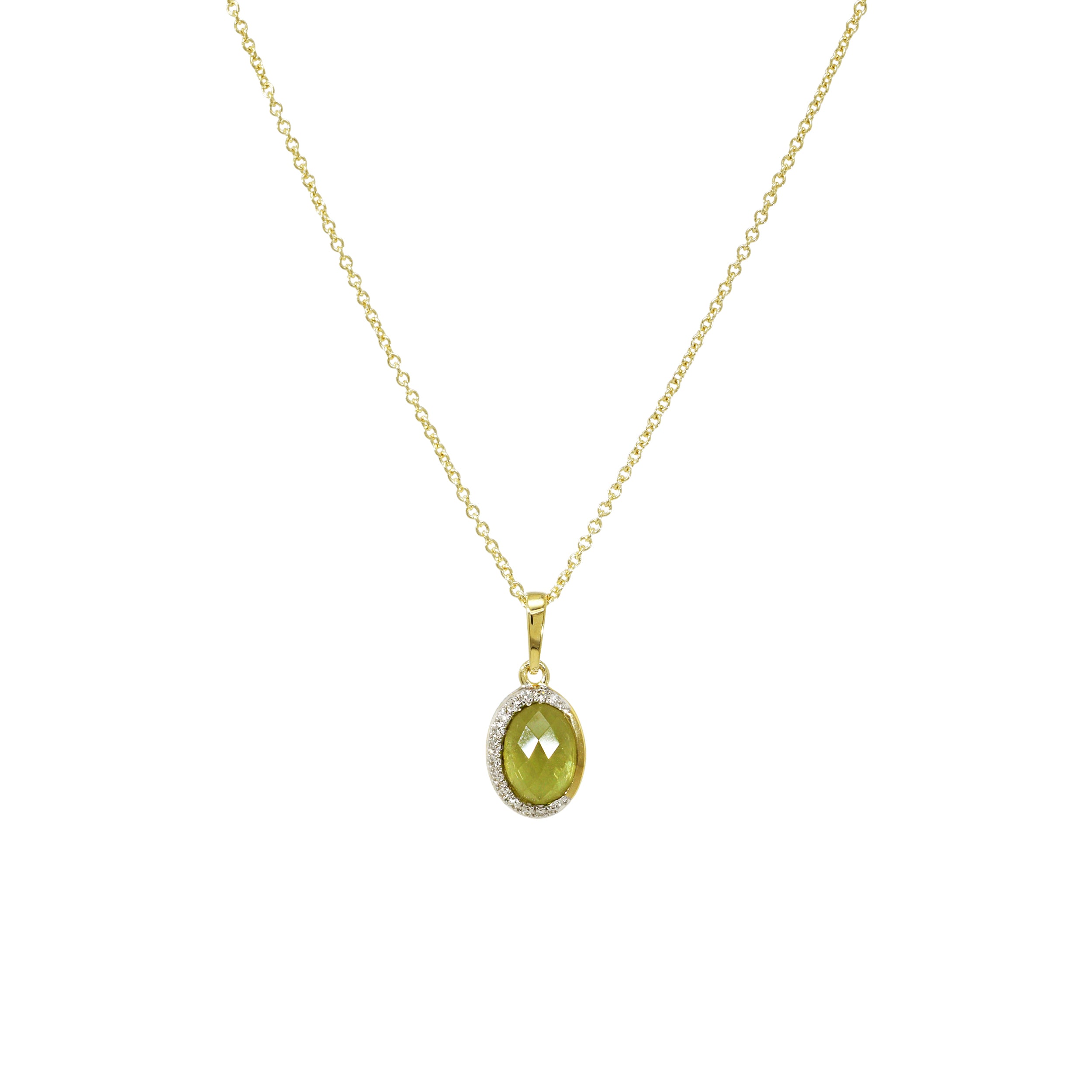 Kette aus Gelbgold mit ovalem, facettiertem Peridot als Mittelstein, umrahmt von einer feinen Brillantreihe (0,044 ct), frontal dargestellt.