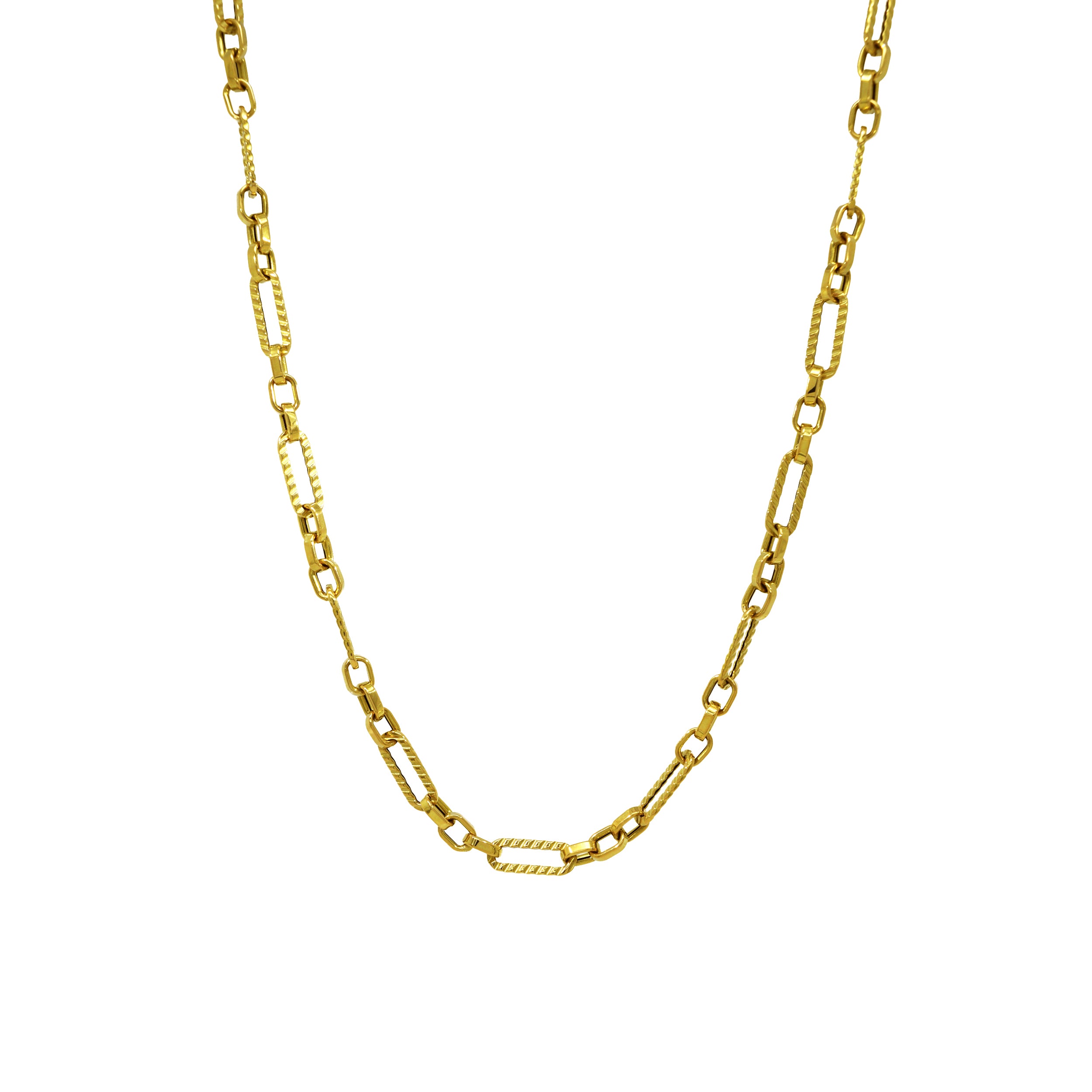 Panzerkette aus Gelbgold mit abwechselnd großen, länglichen und kleinen, runden Gliedern, Gesamtansicht.