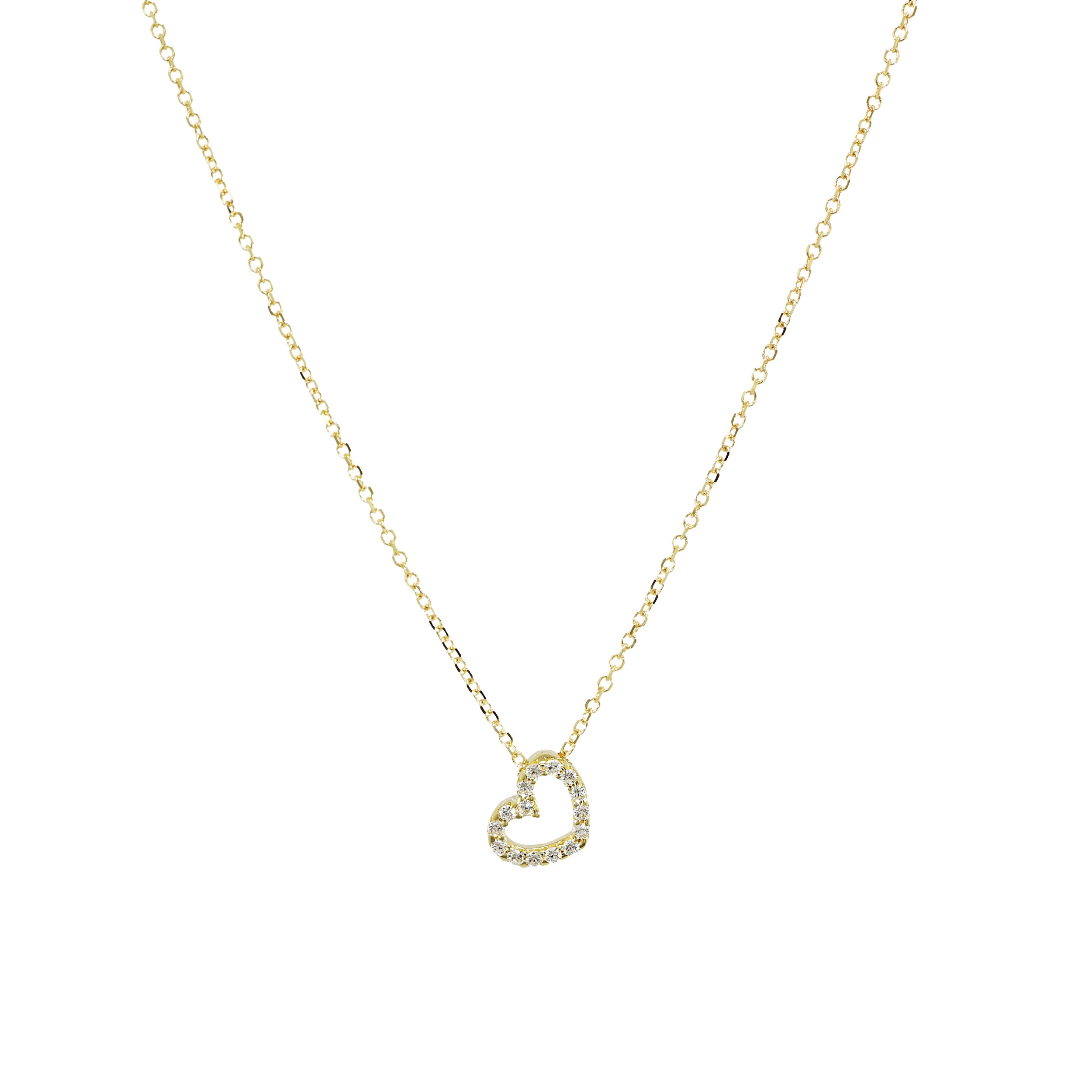 Kette aus Gelbgold mit Herzanhänger, besetzt mit funkelnden Zirkoniasteinen, frontal dargestellt.