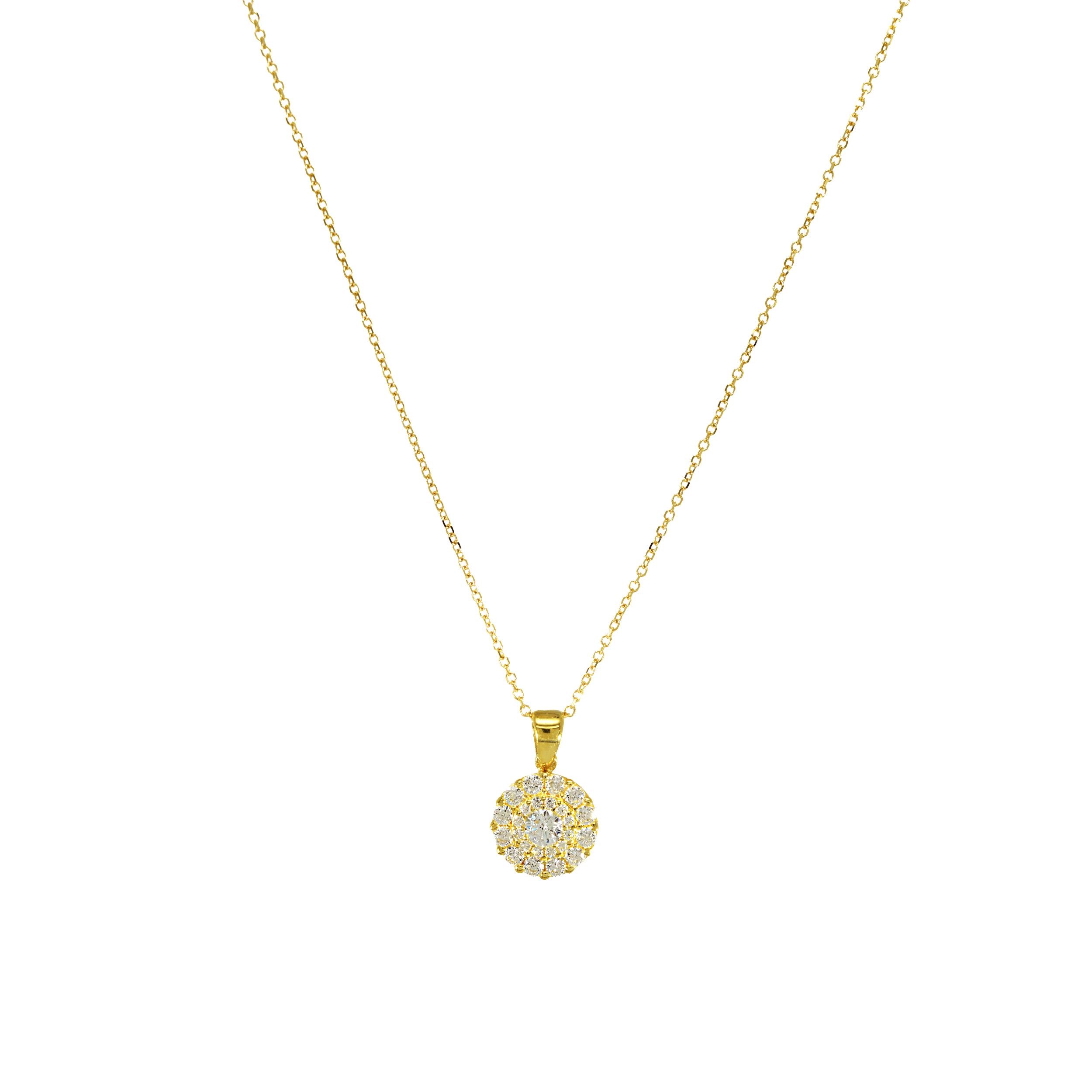 Kette aus Gelbgold mit rundem, komplett mit Zirkonia im Pavé-Stil besetzten Anhänger, frontal fotografiert.