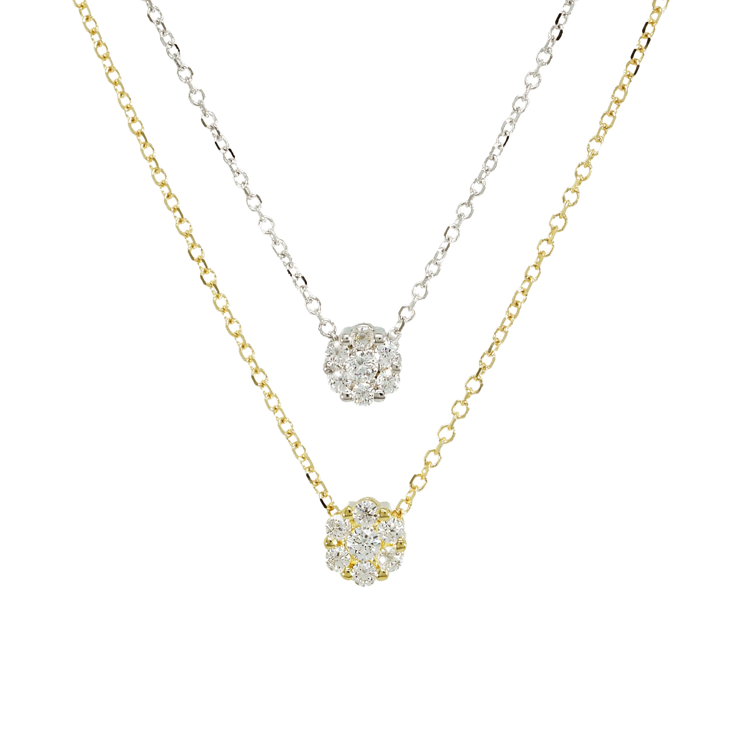 Zwei Ketten, einmal Gelbgold, einmal Weißgold, jeweils mit glitzerndem Zirkonia-Blütenanhänger nebeneinander arrangiert.