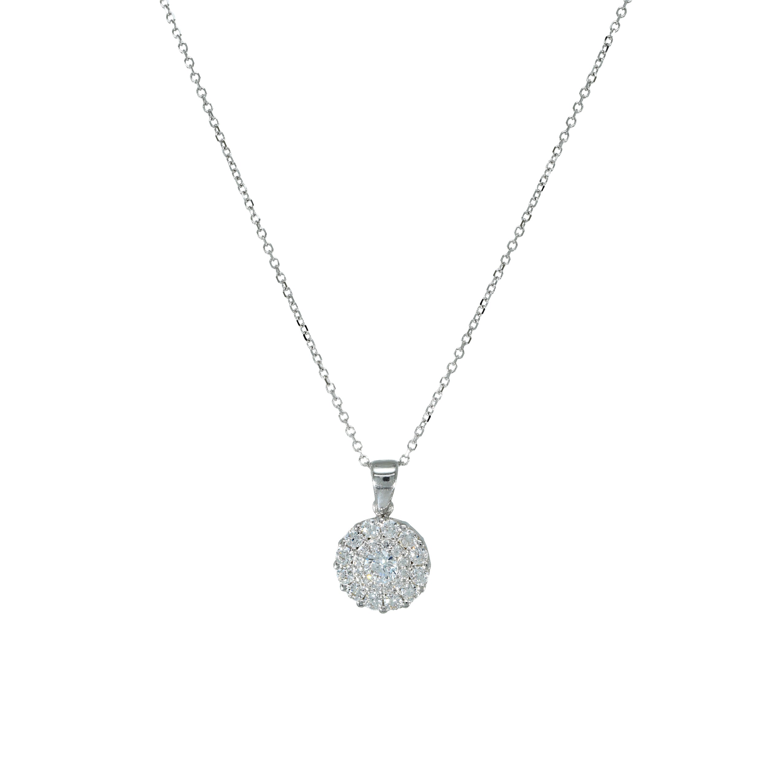 Kette aus Weißgold mit rundem, dicht mit funkelnden Zirkonia ausgefasstem Anhänger, vorne dargestellt.