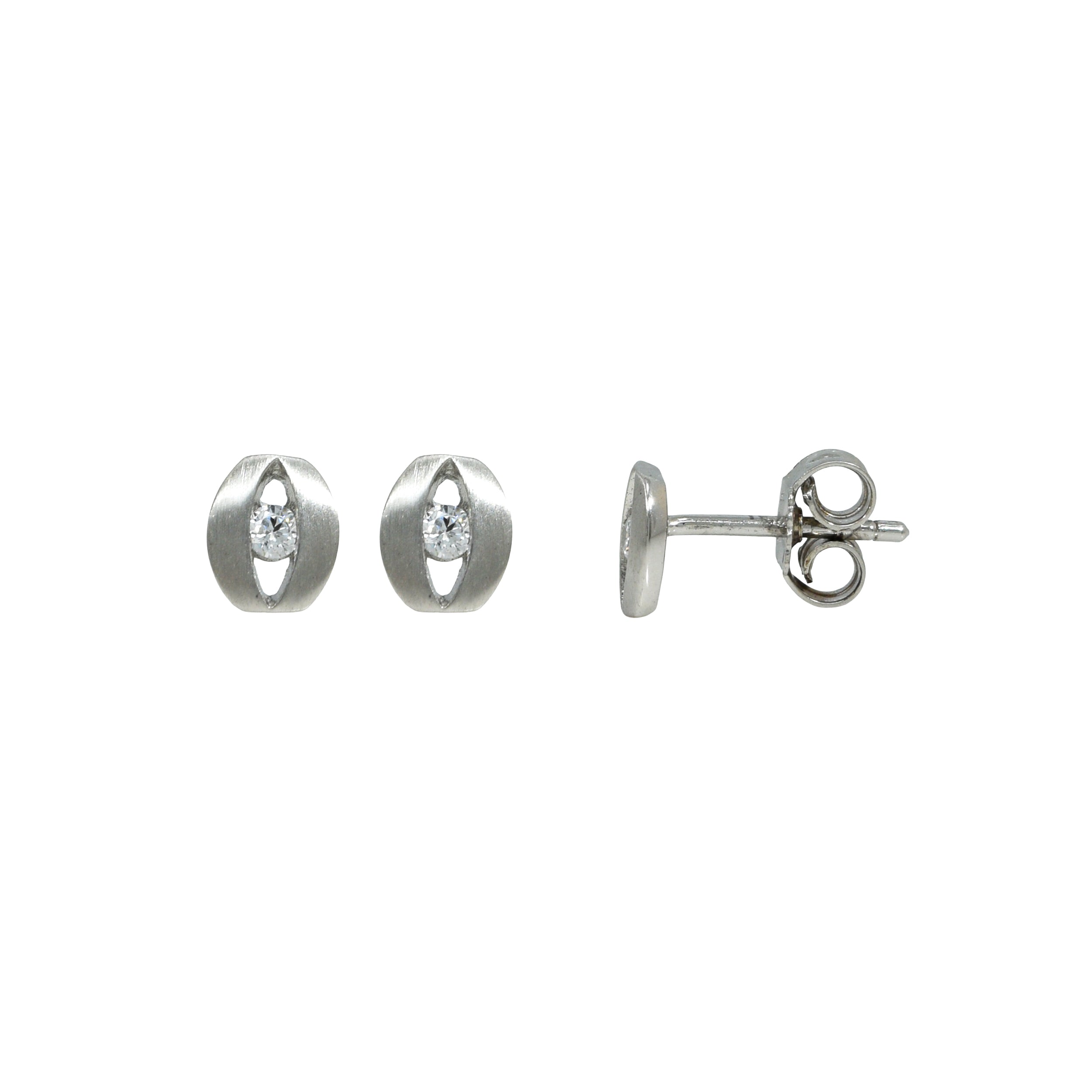 Silberne Ohrstecker in länglicher Ovalform mit einem zentralen runden Zirkonia-Stein.