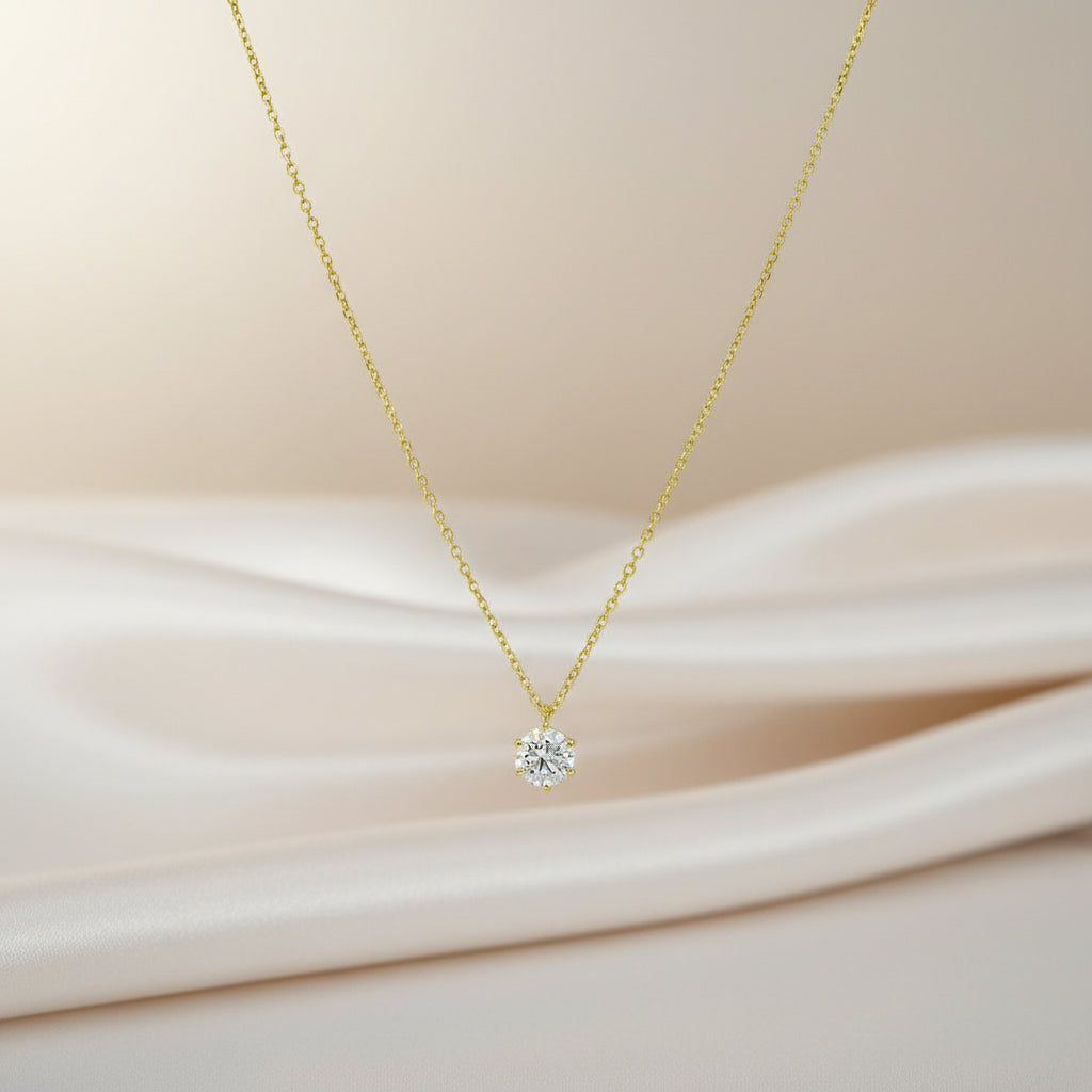 Goldkette Gelbgold mit einzelnem Zirkonia-Stein in klassischer 6er-Krappenfassung – Solitär-Design