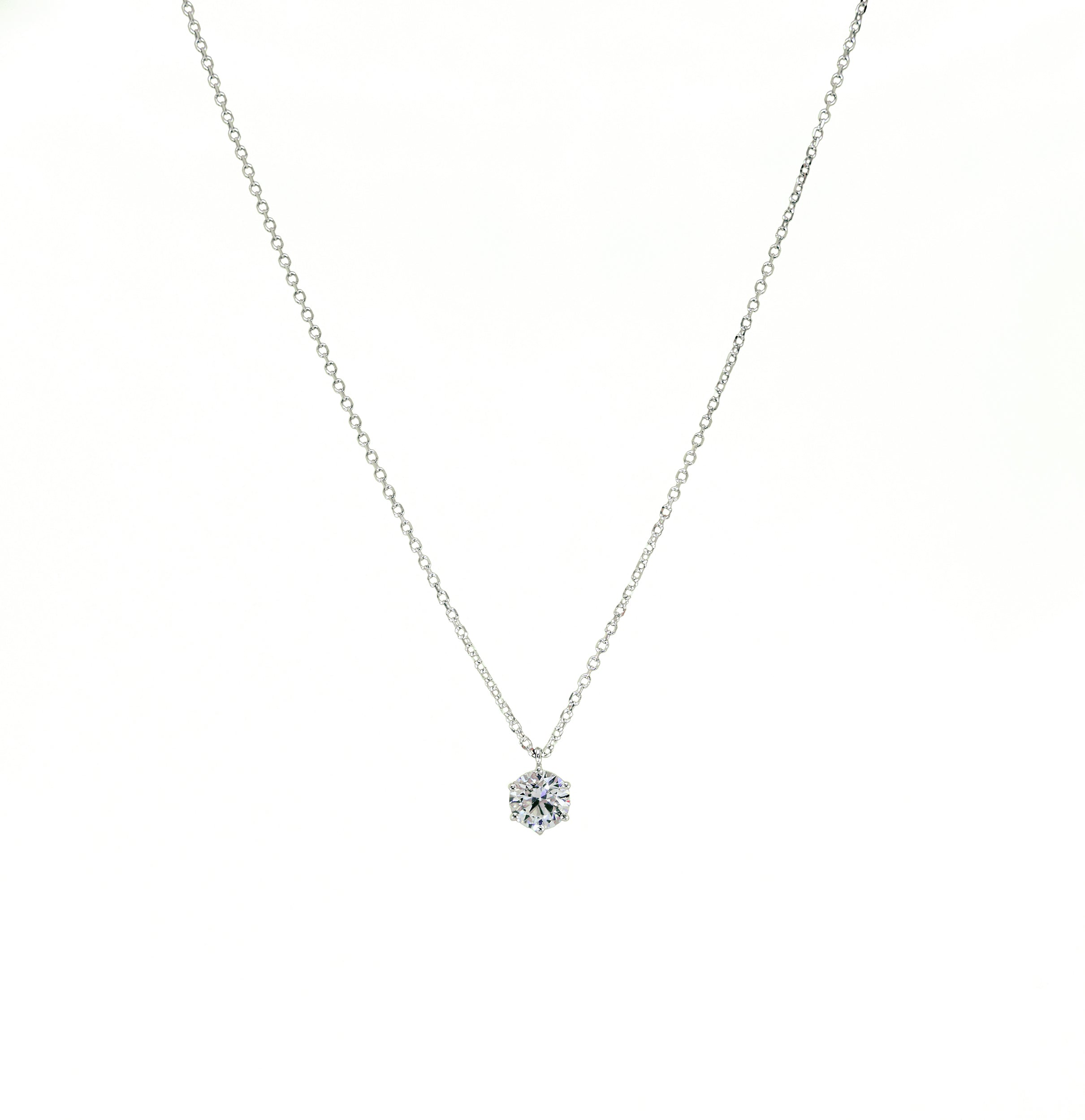 Goldkette Weißgold mit einzelnem Zirkonia-Stein in klassischer 6er-Krappenfassung – Solitär-Design