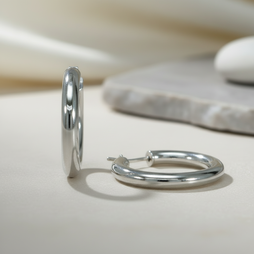 Klassische 925 Sterling Silber Hoop-Ohrringe im schlichten, glänzenden Design.