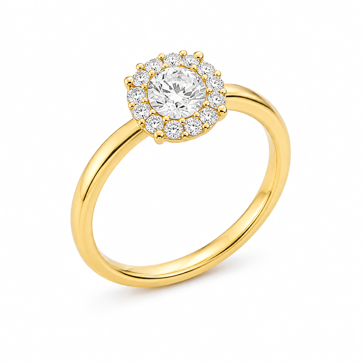 Anillo de oro amarillo de 585 con circonita solitaria y halo | Splendido Jewelry