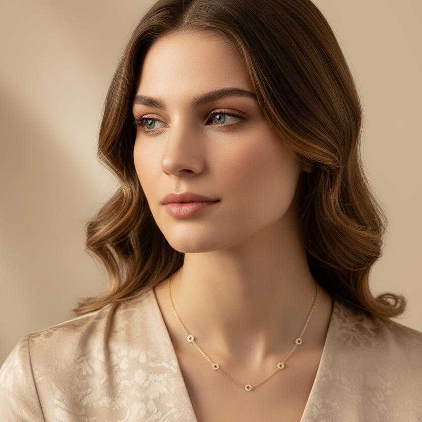Close-up – 925 Silver Gold-Plated Necklace with Cubic Zirconia Circles