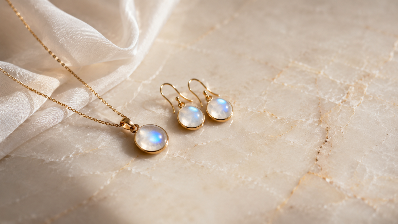Mondstein-Schmuck in 585er Gelbgold mit bläulich schimmerndem Cabochon — Splendido Schmuck
