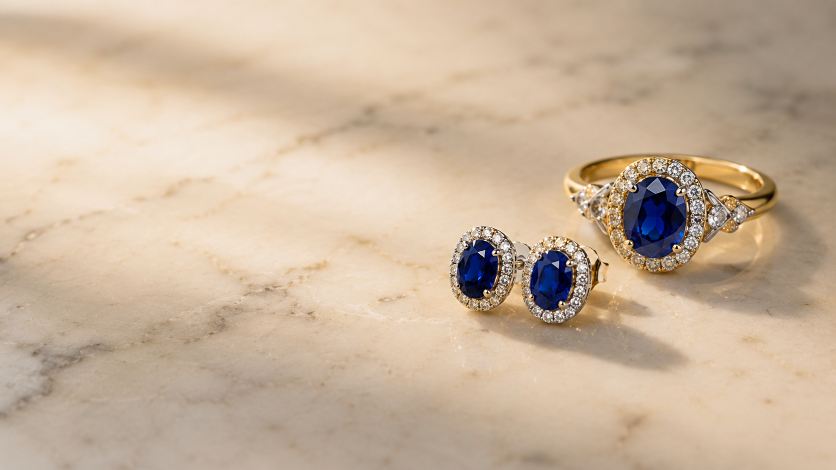 Tiefblauer Saphir in einer Goldfassung, edel beleuchtet auf hellem Untergrund — Saphir Schmuck von Splendido Schmuck