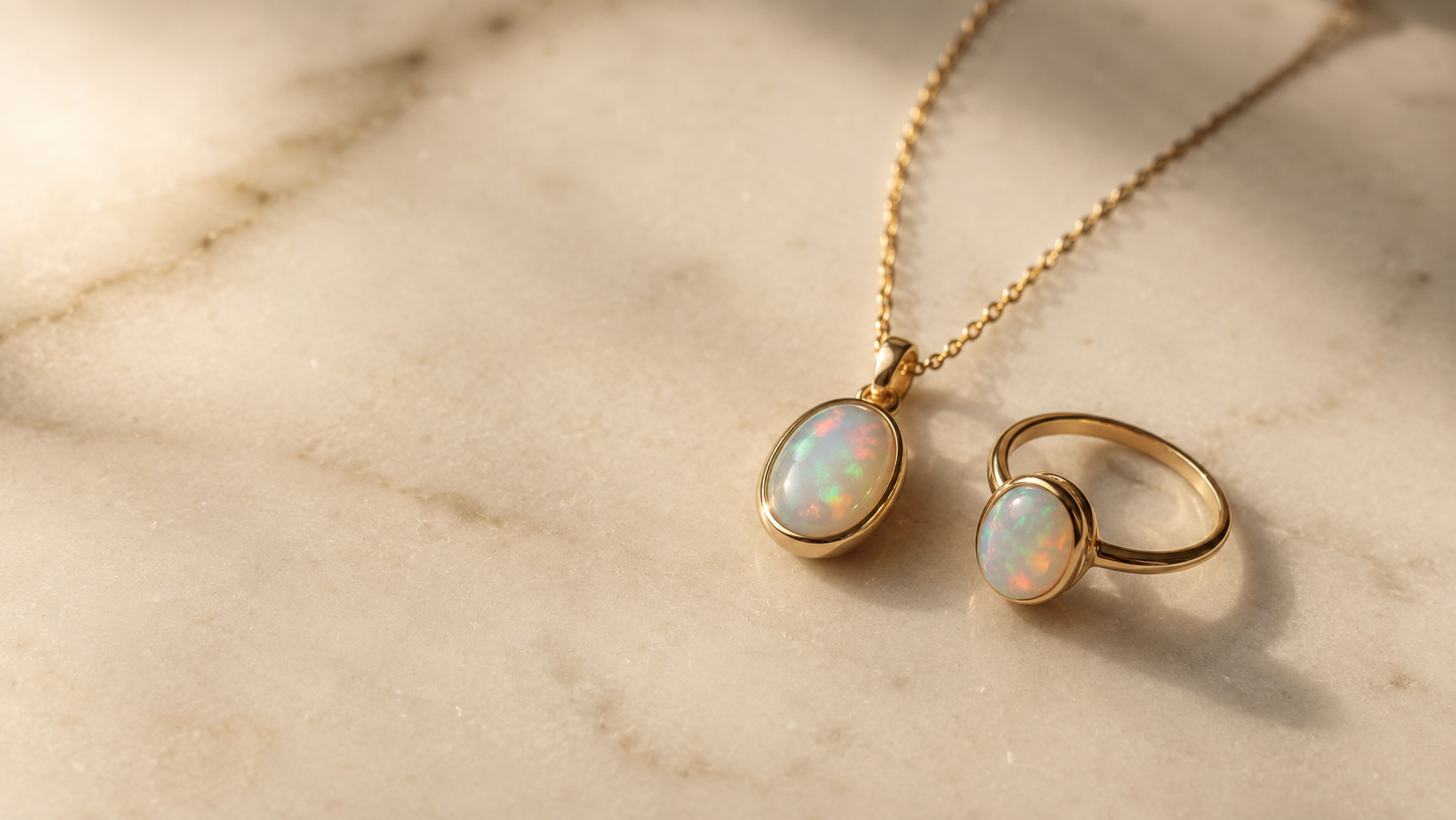 Opal-Ring mit schillerndem Farbspiel in Blau, Grün und Orange auf hellem Hintergrund — Splendido Schmuck