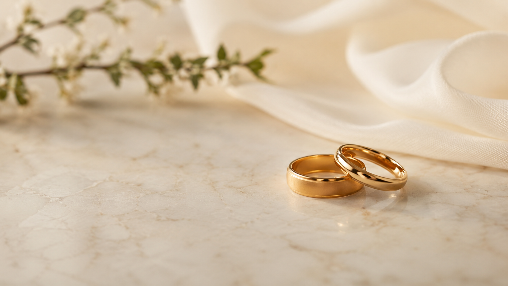 Zwei goldene Eheringe nebeneinander auf hellem, warmem Untergrund - Ratgeber von Splendido Schmuck