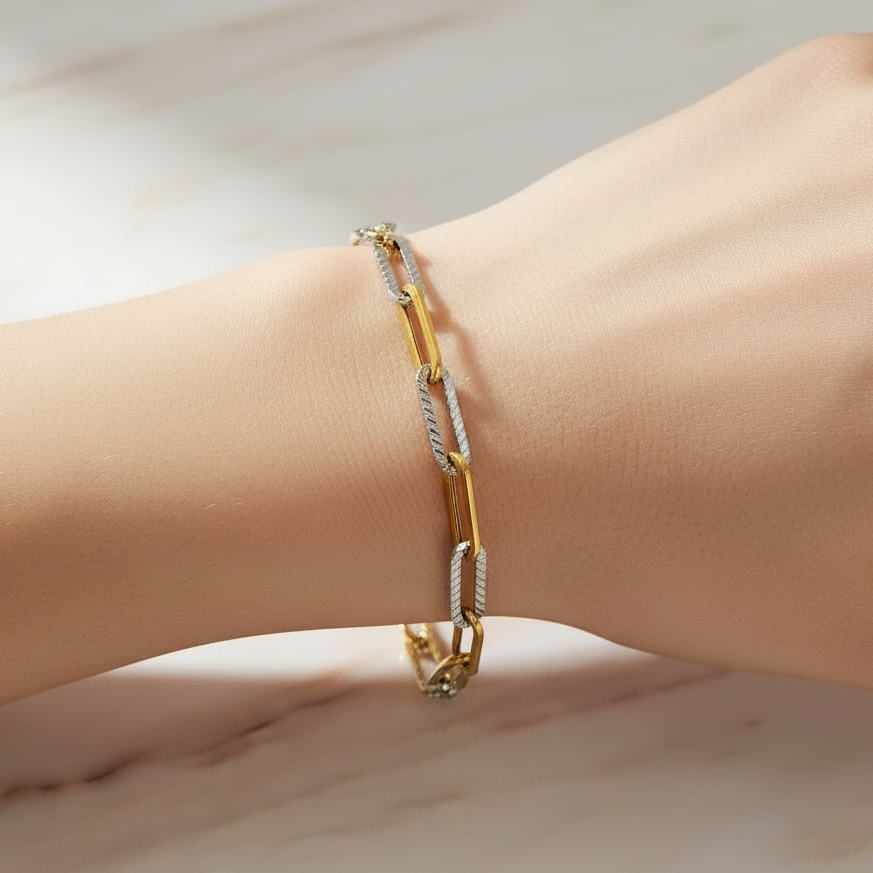 Bicolor-Goldarmband mit ovalen Strukturgliedern