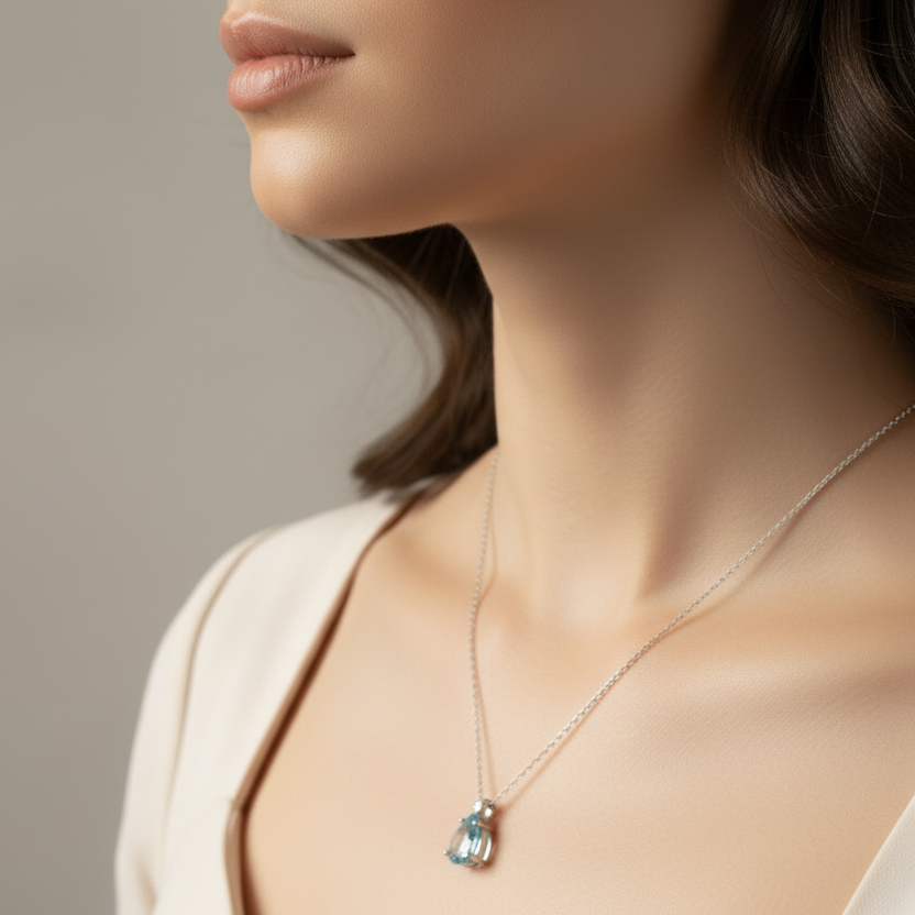 Weißgold Kette Mit Tropfenförmigem Aquamarin Und Brillantbesatz