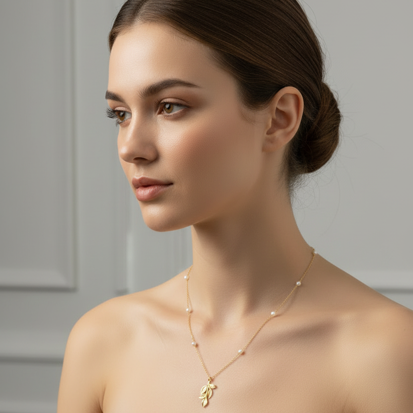 Halskette 585 Gelbgold Blätter Perlen – Splendido – szczegół makro