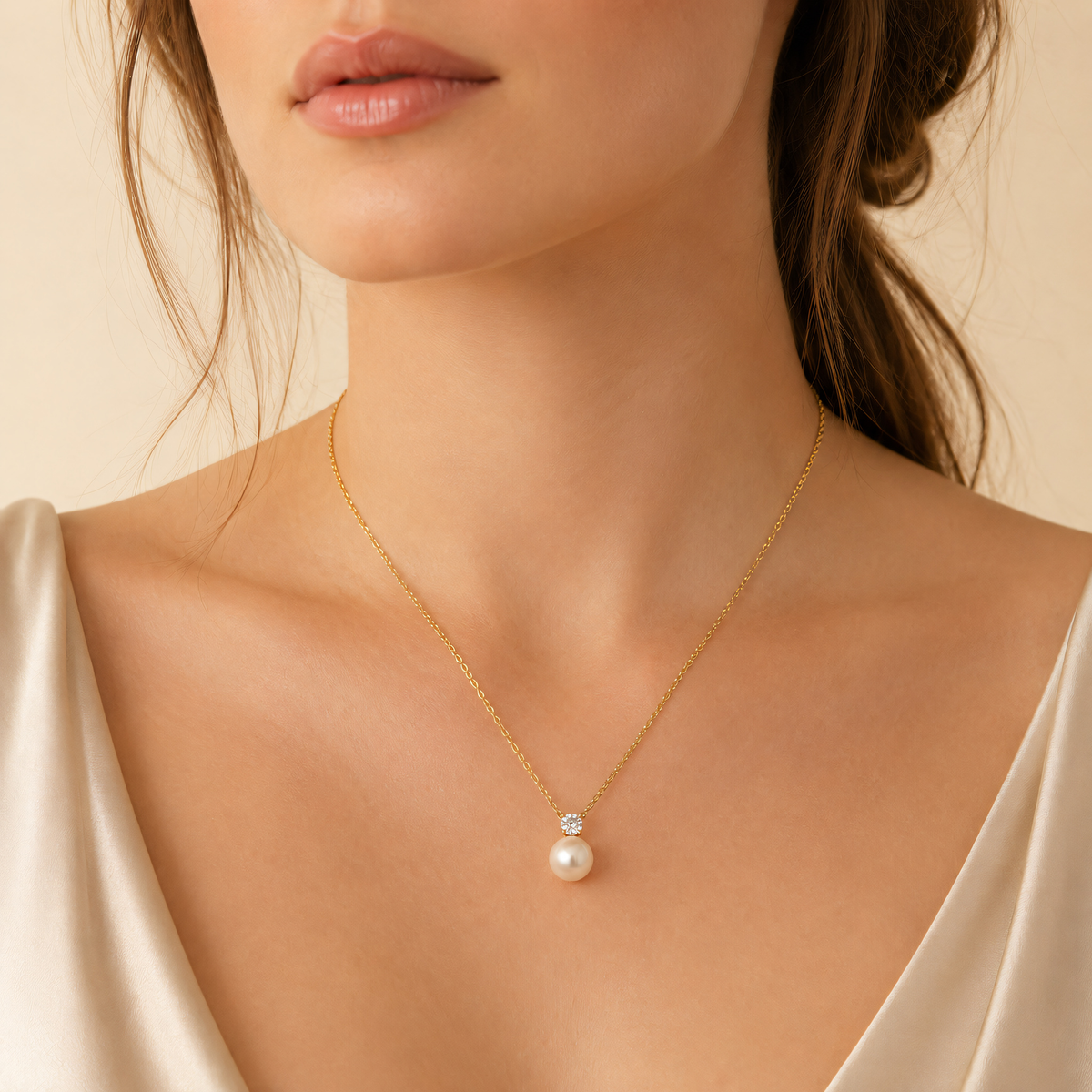 Gros plan – Collier 585 or perle d’eau douce zirconium