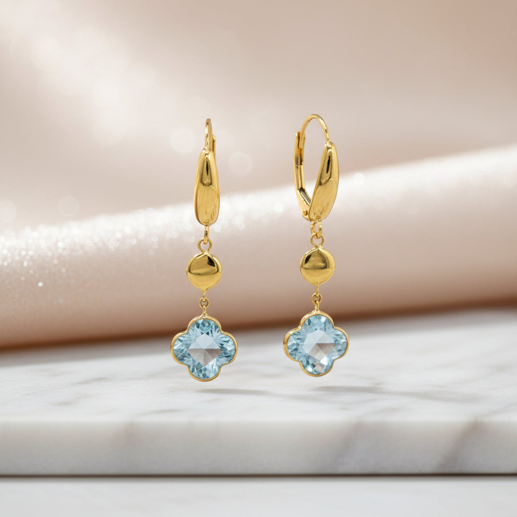 14Kt Goldohrringe Mit Edelsteinen Vierpassform Bewegliche Gestaltung Mit Brisurverschluss