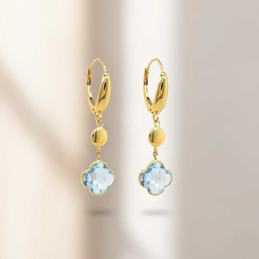 14Kt Goldohrringe Mit Edelsteinen Vierpassform Bewegliche Gestaltung Mit Brisurverschluss