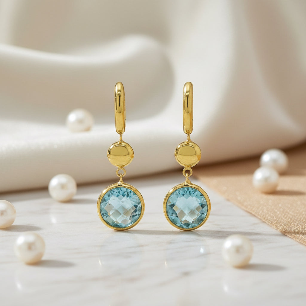 14Kt Goldohrringe Mit Topas Beweglicher Anhänger In Creolenform Und Goldelement Perle