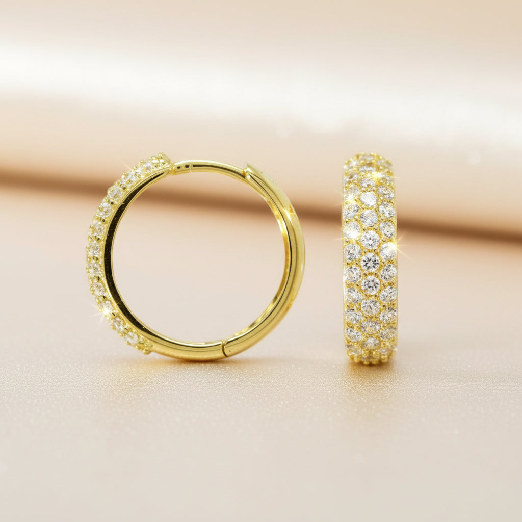 14Kt Goldohrringe Creolen Mehrreihige Zirkonia Mit Klappverschluss Hochwertig Elegant