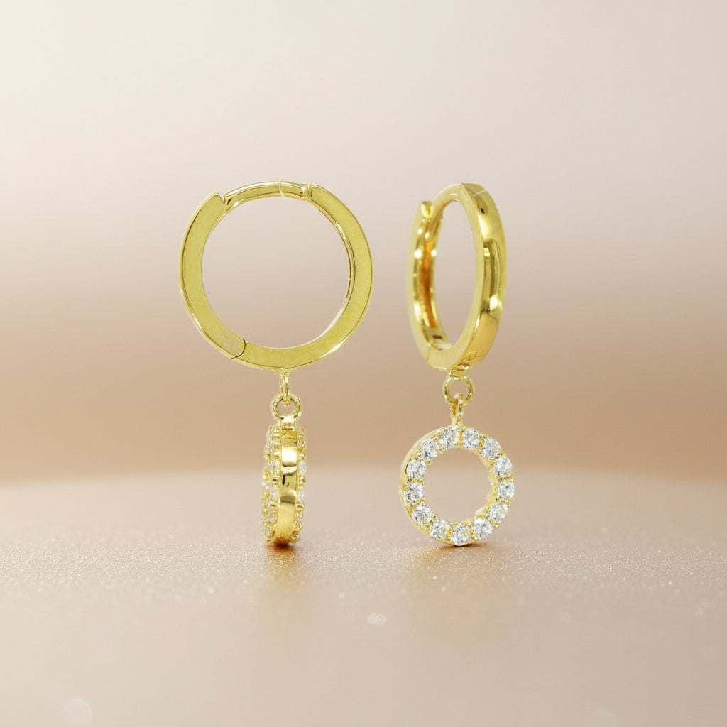 14Kt Echtes Goldohrringe Mit Zirkonia Runder Beweglicher Anhänger Klarer Kreis Schimmernd