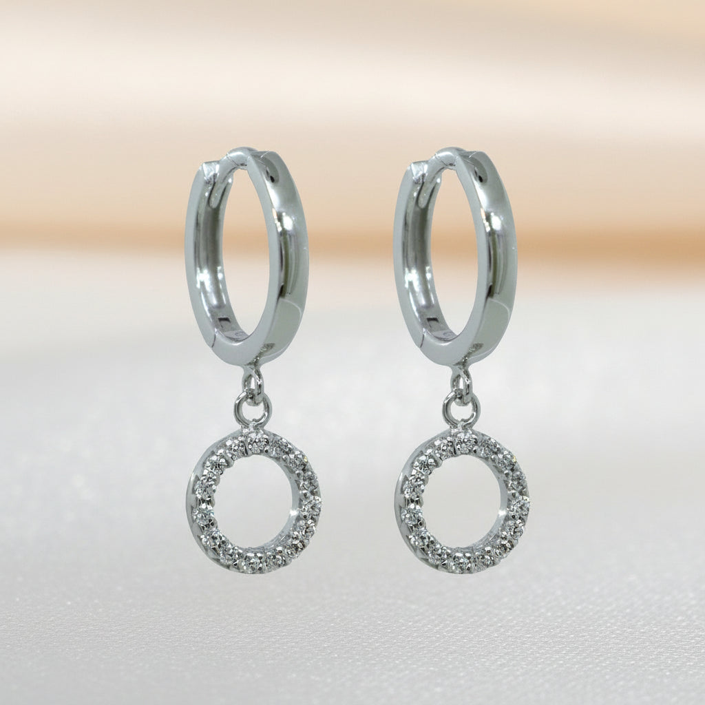 14Kt Echtes Goldohrringe Mit Zirkonia Runder Beweglicher Anhänger Klarer Kreis Schimmernd