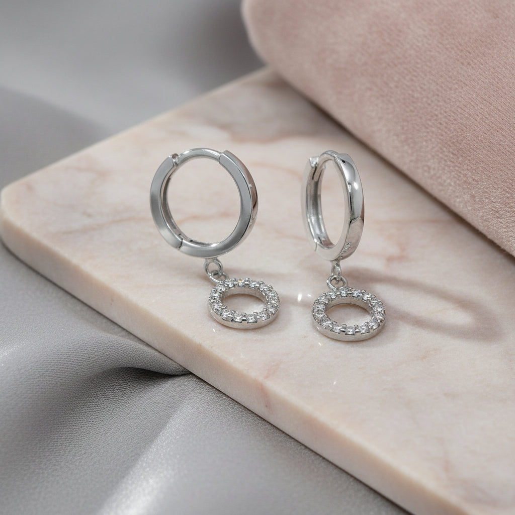 14Kt Echtes Goldohrringe Mit Zirkonia Runder Beweglicher Anhänger Klarer Kreis Schimmernd