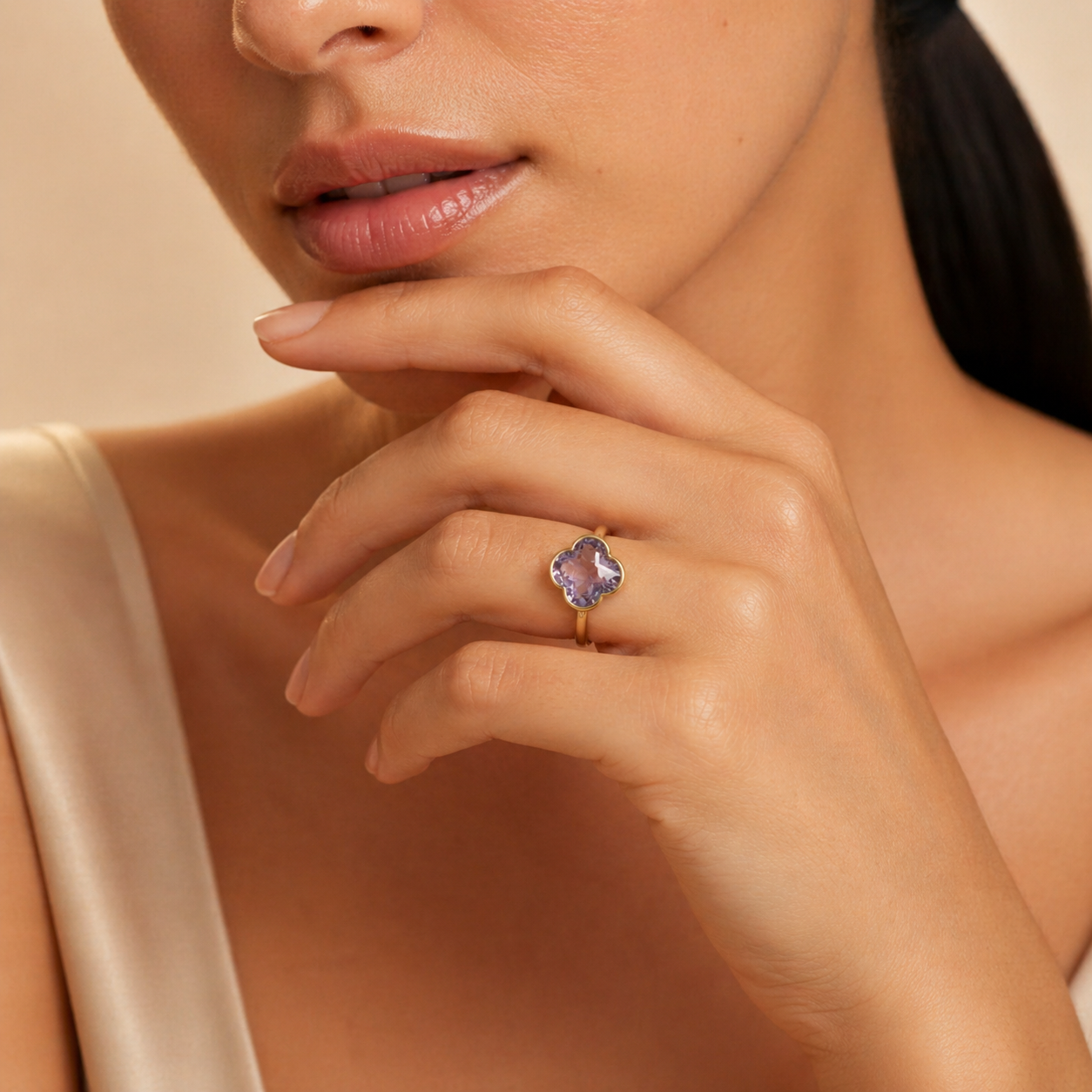 Ring 585 Gelbgold Amethyst Kleeblatt Solitär | Splendido Schmuck